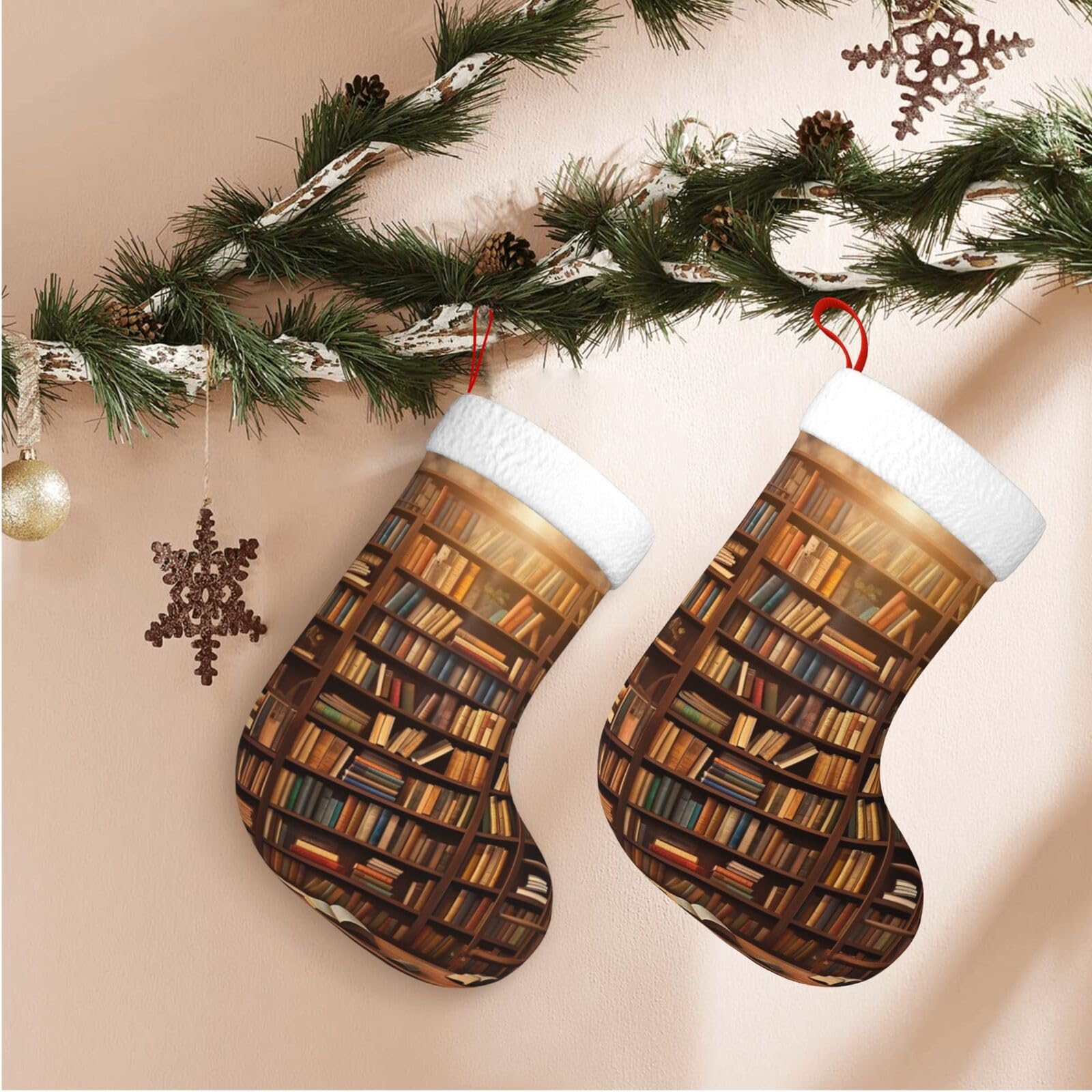 Books Christmas Stockings Velvet Xmas Fireplace Hanging Stocking with Plush Cuff Rustic Christmas Santa Stockings for Home Christmas Decorations Party Favor Supplies