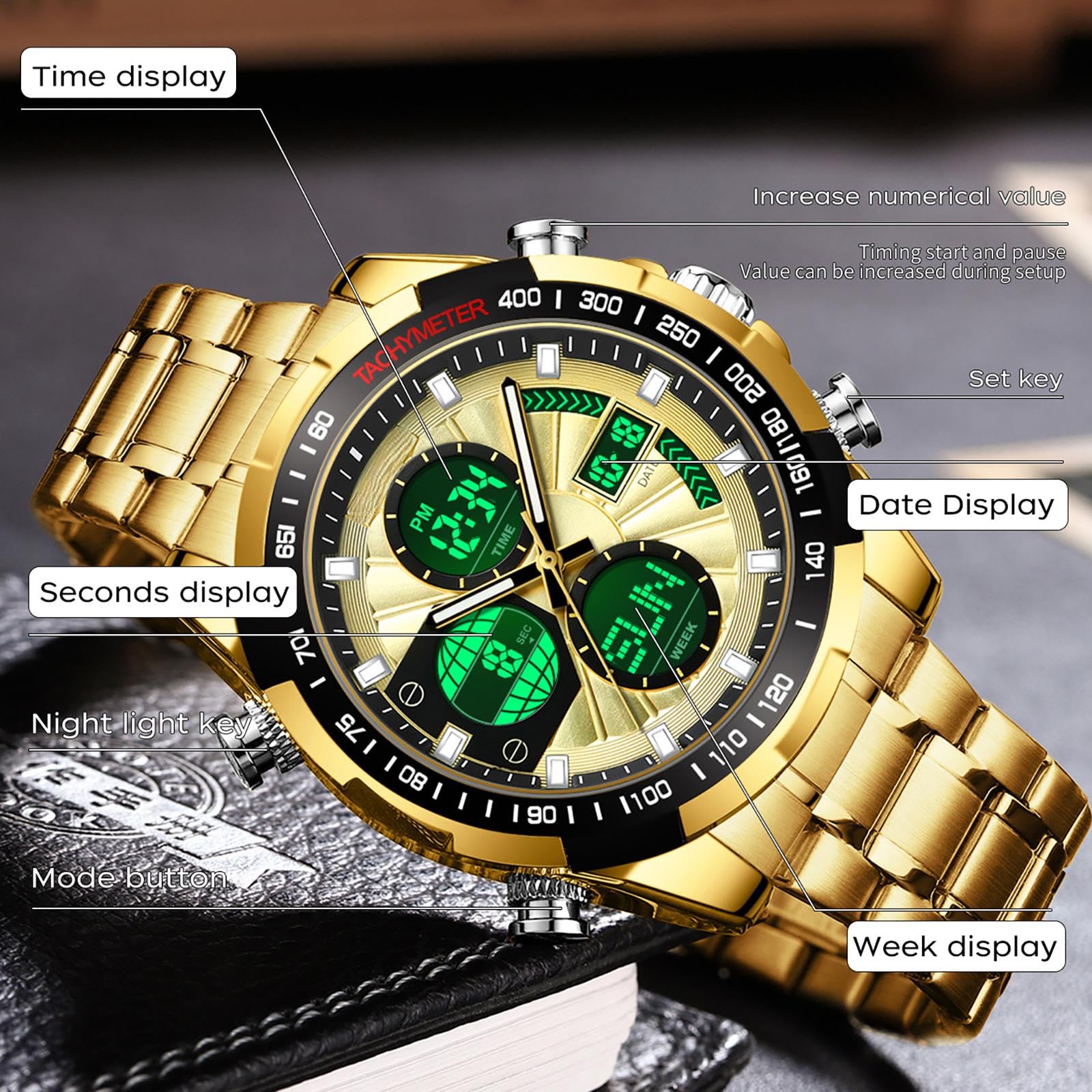 findtime Relojes de lujo para hombre, acero inoxidable, dorado, reloj de pulsera para hombre, con alarma, temporizador, fecha, cronómetro, resistente al agua, 5 ATM, reloj analógico digital para