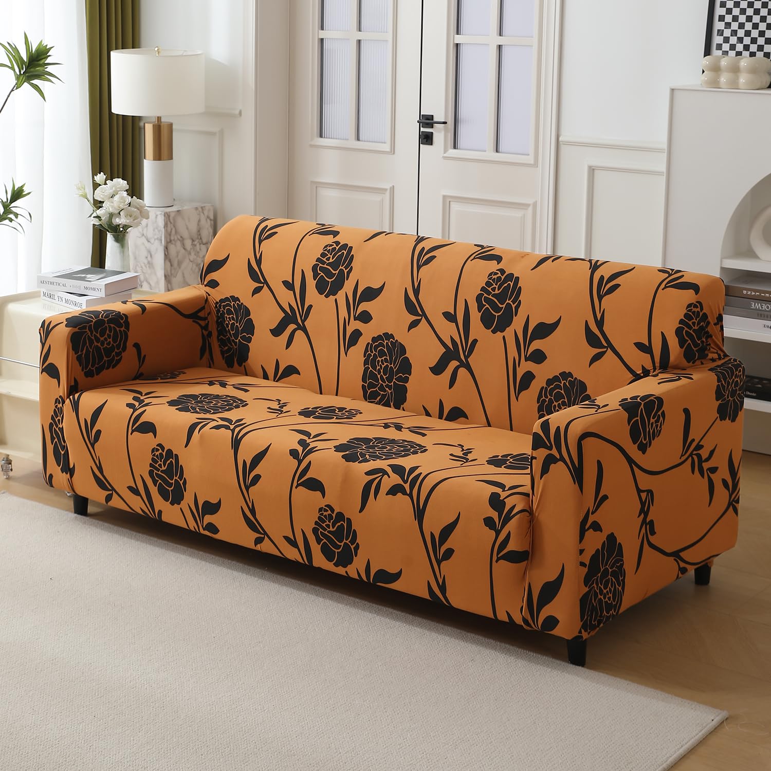 HOKIPO polyester 140gsm Fully Covered Sofa Cover 3 Seater, Copper Brown Floral (AR-4947-C8)