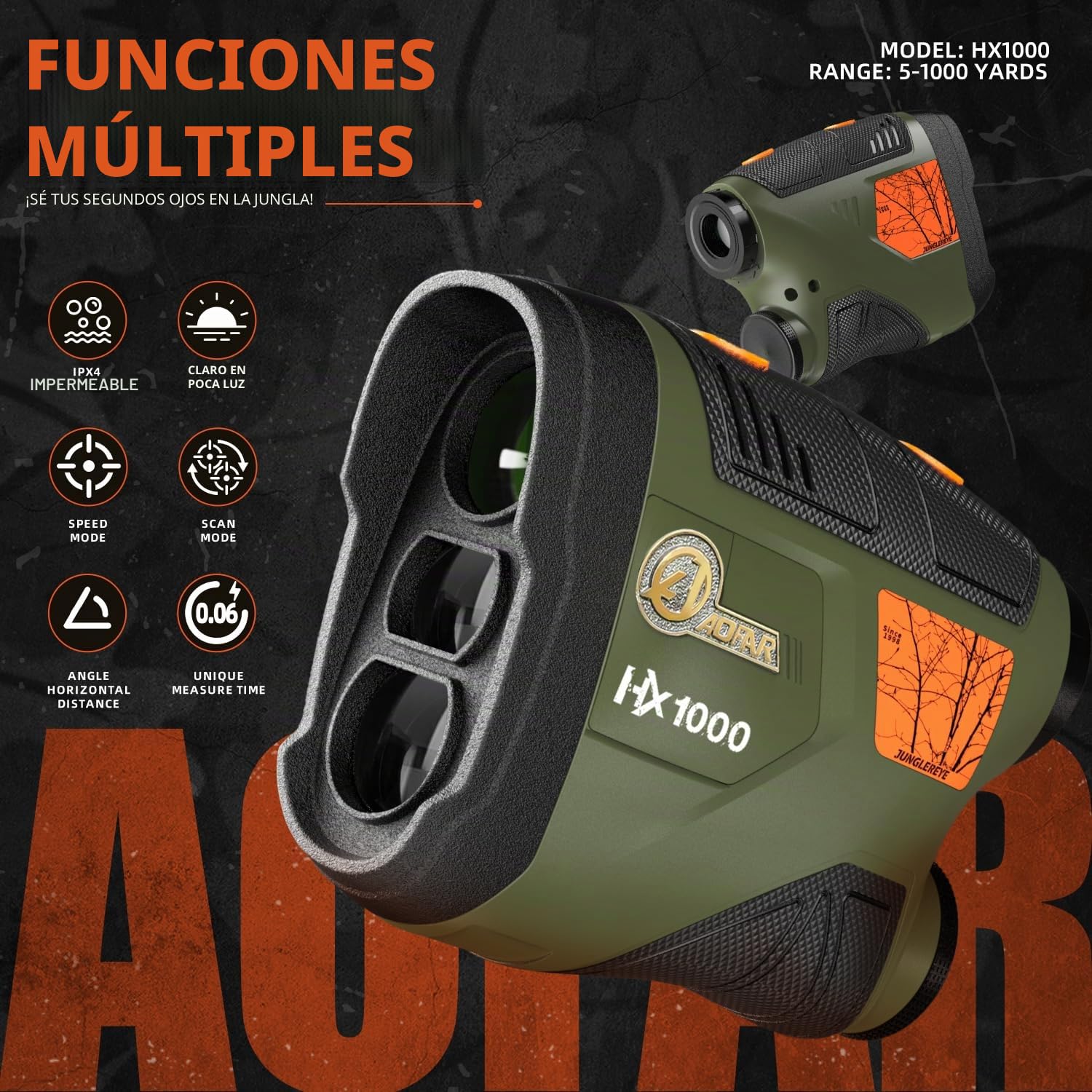 AOFAR HX1000 Telémetro de Caza y Tiro con Arco, Alcance 1000 Yardas, Medición de Distancia Angular y Horizontal, 6X Aumento, Modos de Escaneo y Velocidad, Resistente al Agua, con Batería Incluida