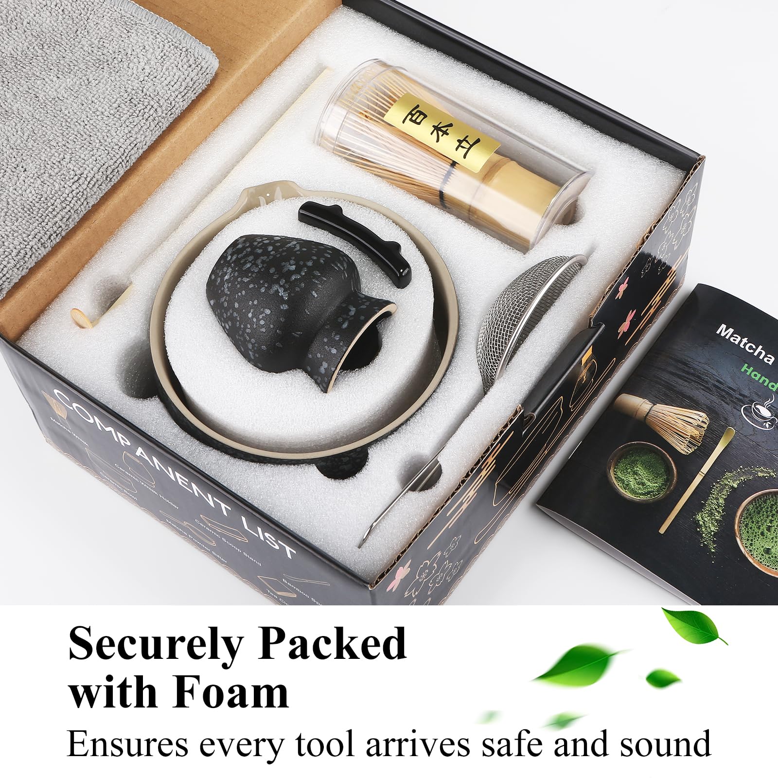 7 Piece Matcha Set, Fouet Matcha, Macha Tea Set with Matcha Spoon, Whisk Holder, Matcha Balai, Shovel, Strainer, Matcha Kit Traditional Japanese Tea Ceremony Best Gift for Lovers, Noir moucheté