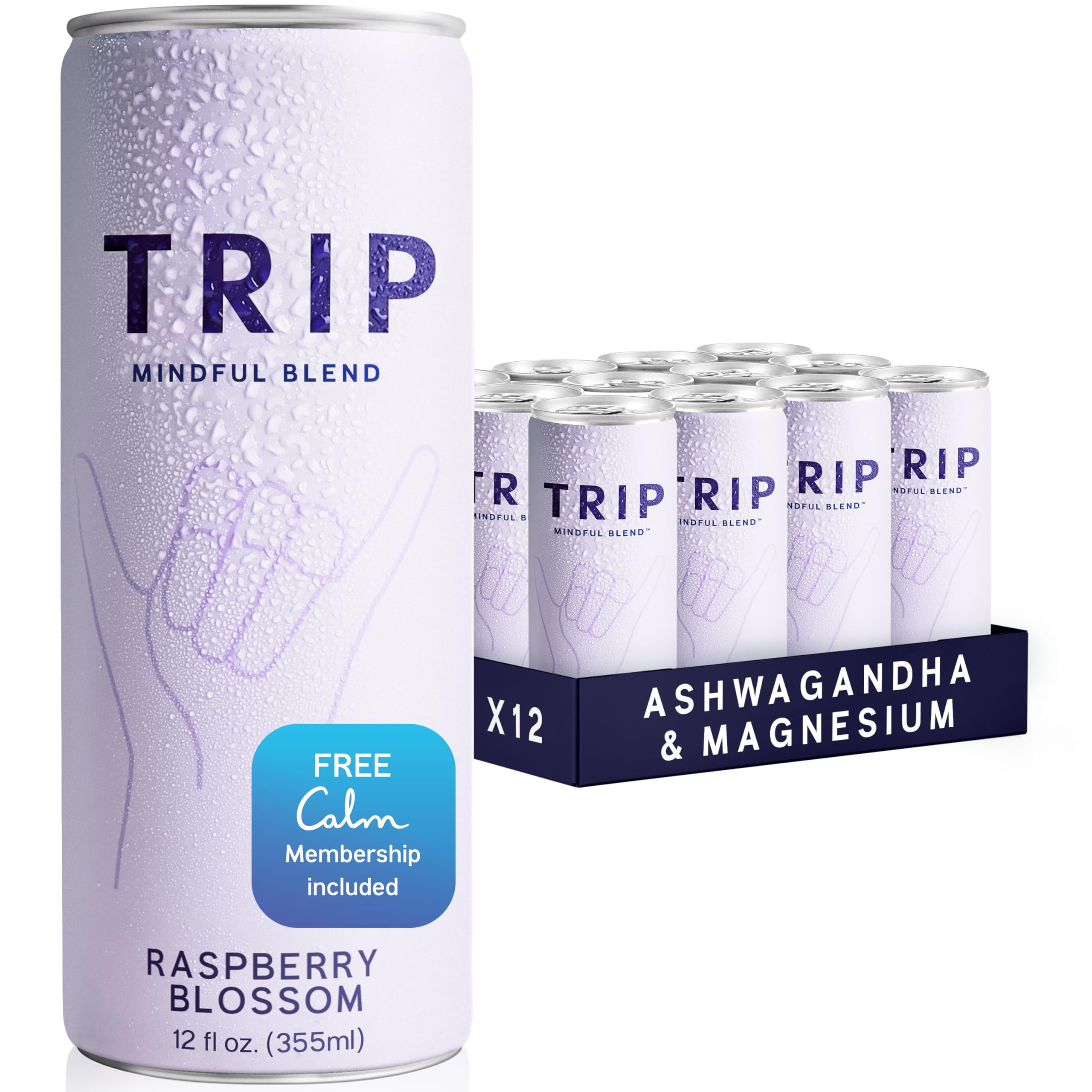 Trip Mindful Blend, Lightly Sparkling Adaptogen Seltzer, Mocktail w/ 120mg Magnesium Citrate with Ashwagandha, Lions Mane & L Theanine, No Added Sugar, Vegan, Raspberry Orange Blossom, 12 Oz, 12Pk