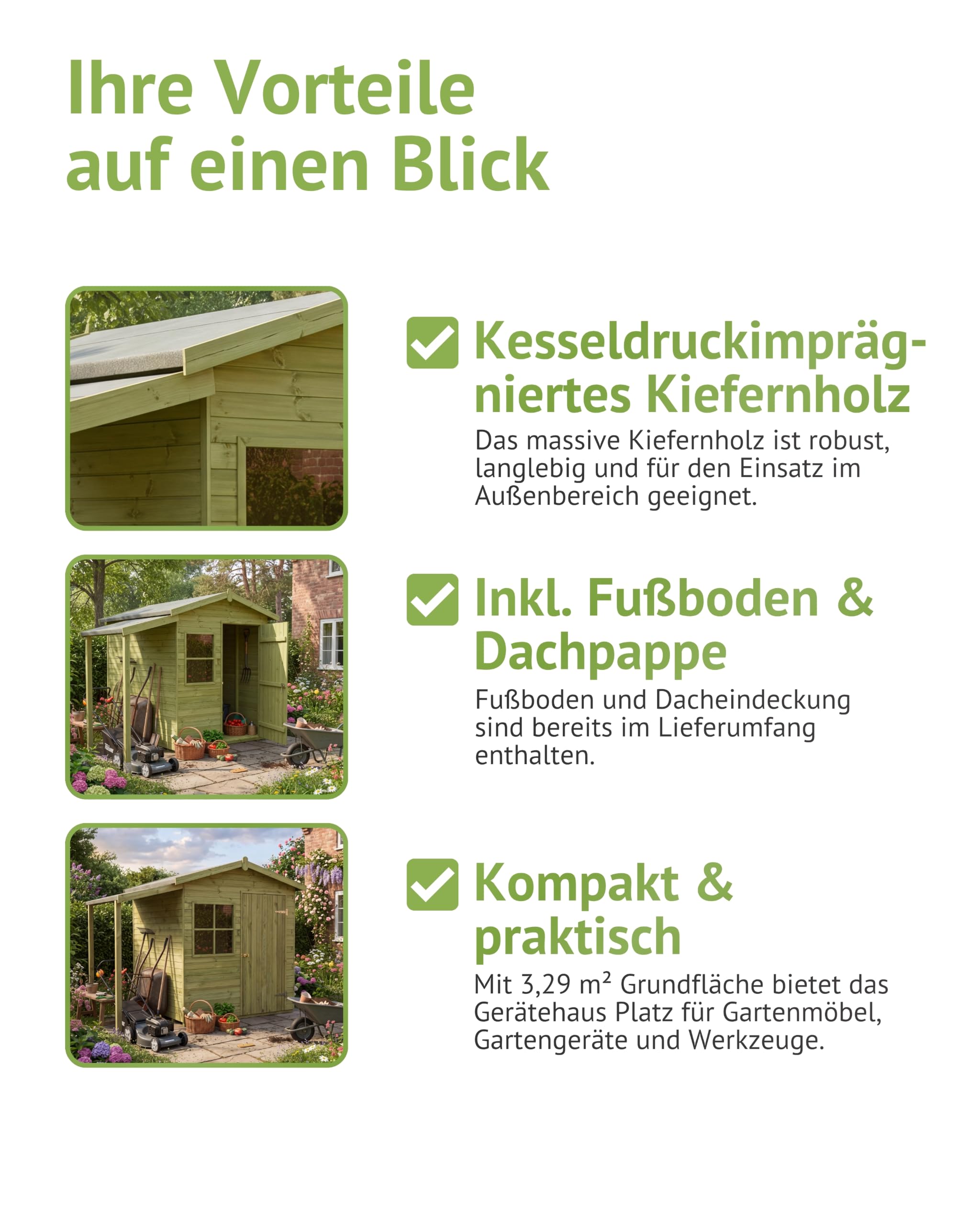 Steiner Shopping Gerätehaus Aucuba 01 | 16 mm Elementgartenhaus aus kesseldruckimprägnierter Kiefer I Außenmaß 212 x 210 cm I Inkl. Fußboden & Dachpappe