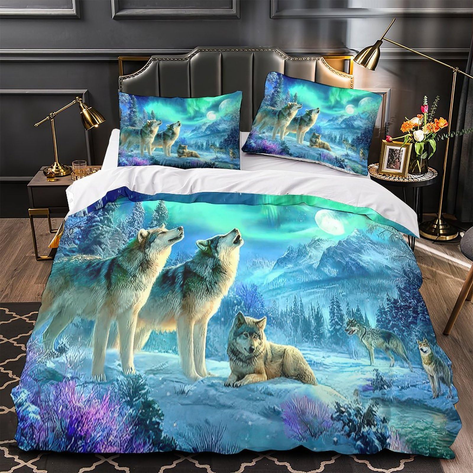 Housse de couette loup 3D microfibre ultra douce lit simple pour garçon fille