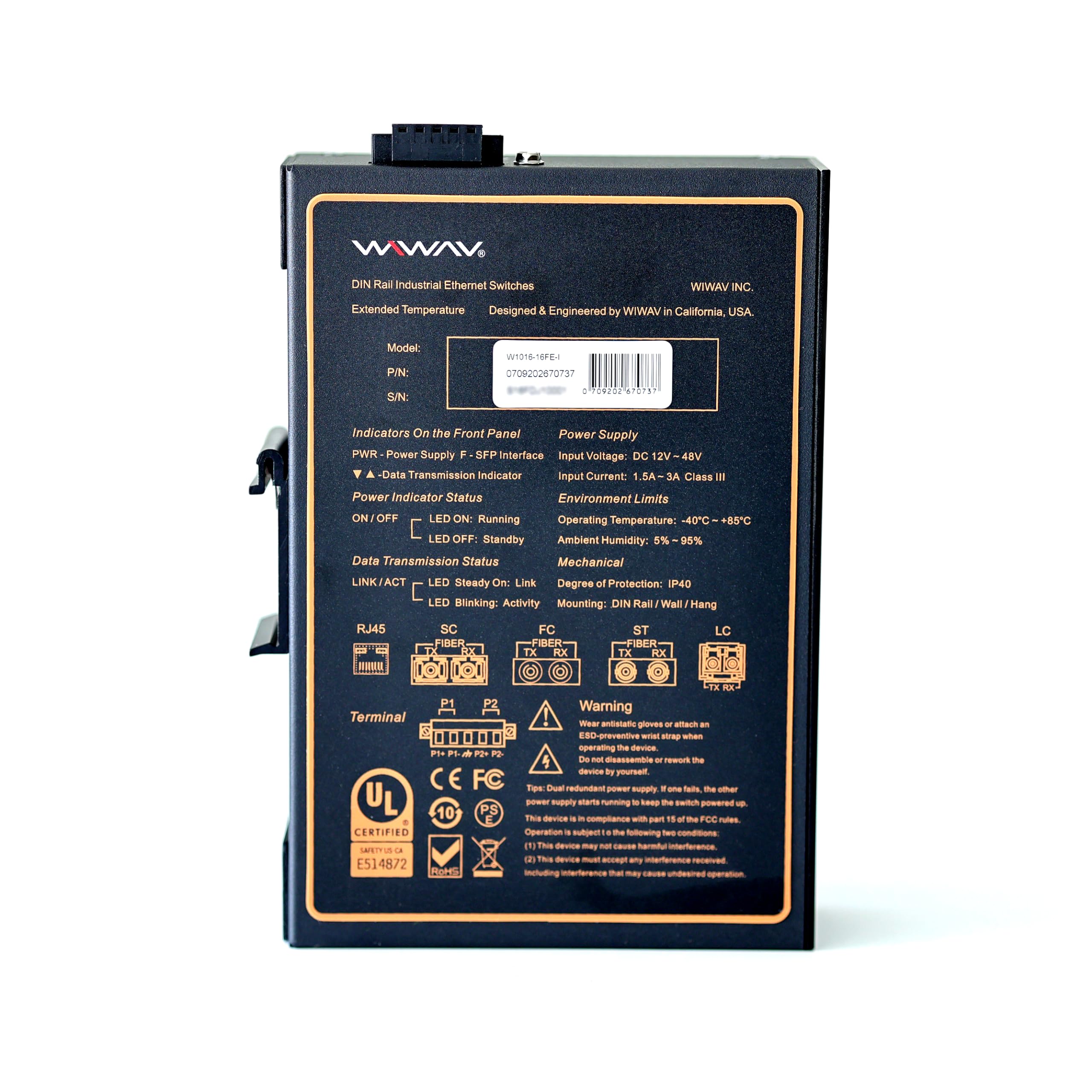WIWAV W1016-16FE-I 10/100Mbps Unmanaged 16-Port Industrial Ethernet Switches with DIN Rail/Wall-Mount (UL Listed, IP40, -40 to 85°C)