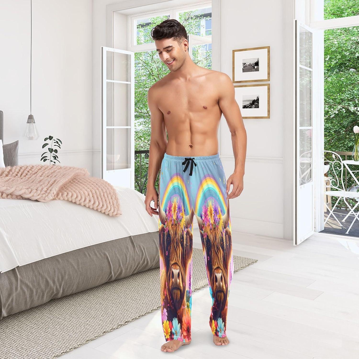 ALAZA Cow Bull Rainbow Daisy Men's Pajama Pants Men Cotton Pajama Bottoms with Pockets, S