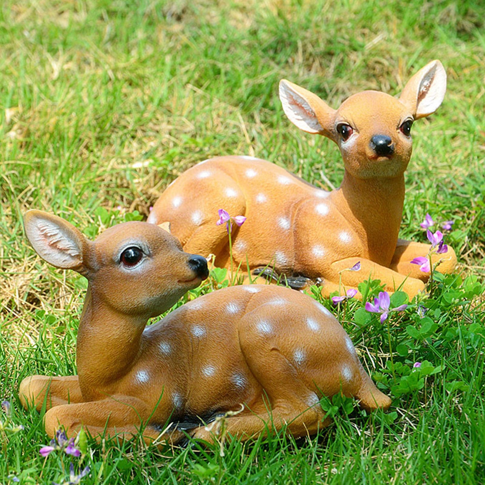 Gsycle 2PCS Deer Figurines, Sika Deer Statue Sculpture Ornaments Animal Statues Model Art Craft Ornament Forest Fawn Baby Deer Statue Stag Garden Ornaments for Outdoor Garden Decoration