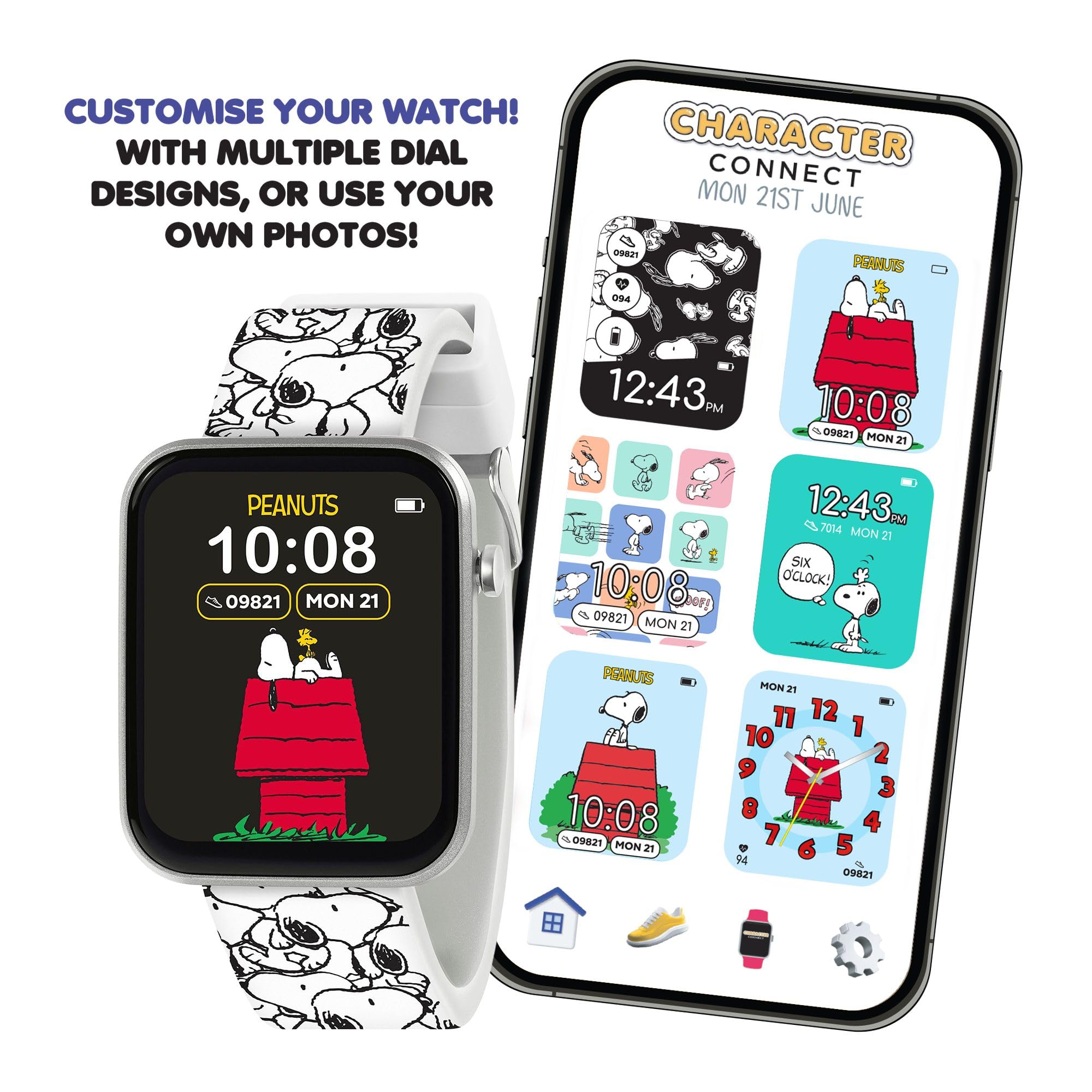 Accutime - Reloj inteligente interactivo Peanuts Snoopy para niños con correa impresa blanca