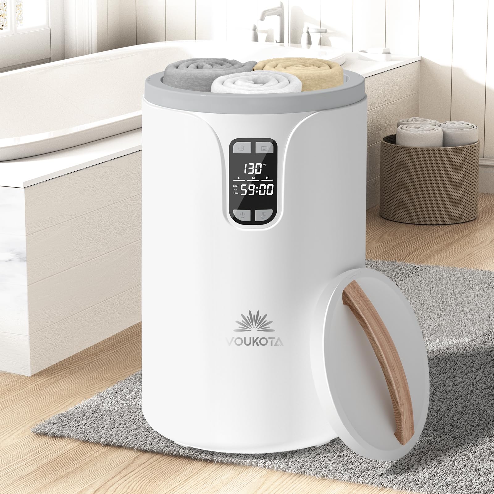 VOUKOTA Towel Warmer, 20L Towel Warmers for Bathroom with LED Display for Time and Temperature, Bucket-Style Warmer with Delay Timer 0.5-24H, Heating Time 30/60/90 Mins, Child Lock