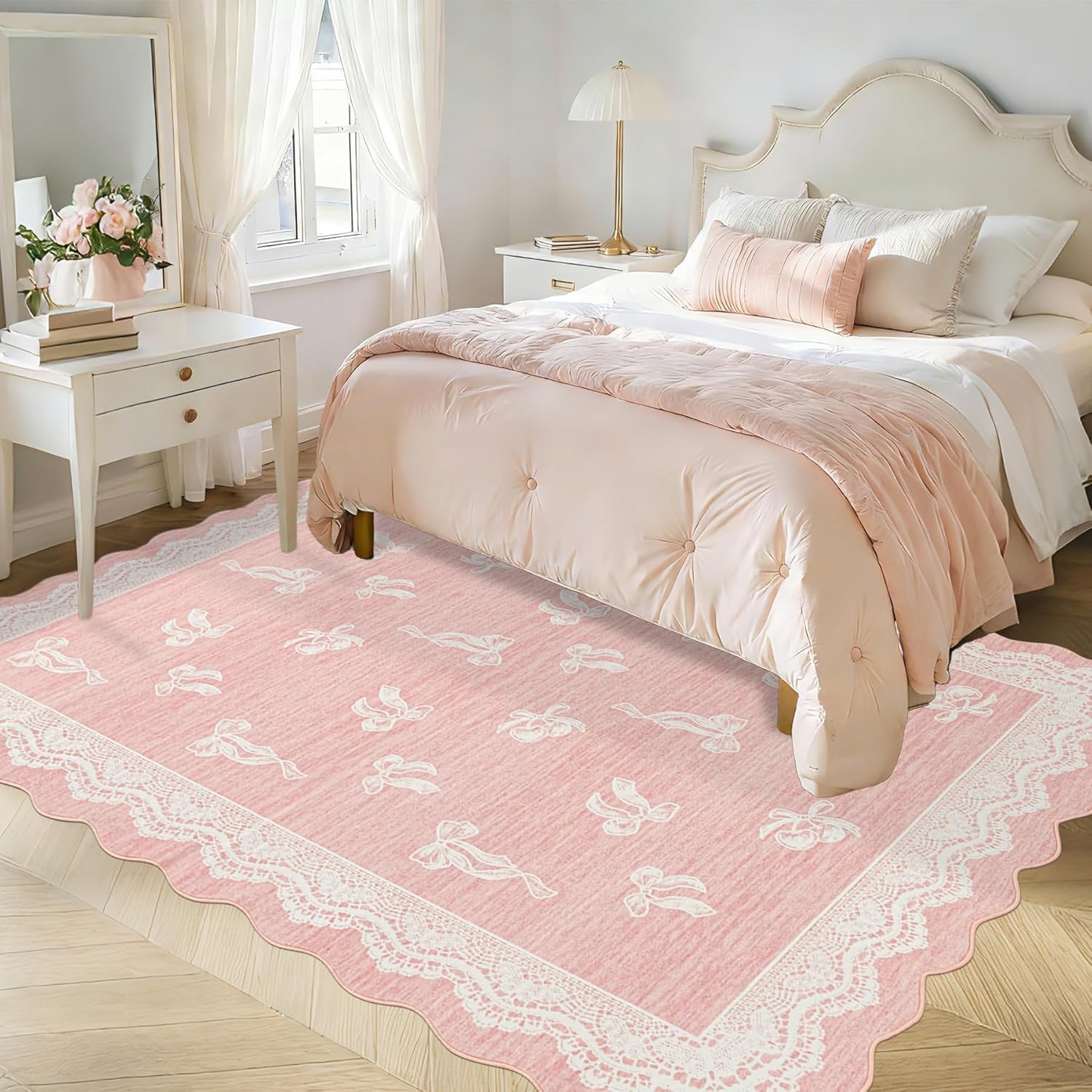 ORTIGIA 5x7 Scalloped Area Rug for Living Room, Pink Washable Low Pile Non Slip Rug with Bow Large Carpet for Girl Nursery Bedroom Playroom Dining Room Home Indoor Decor