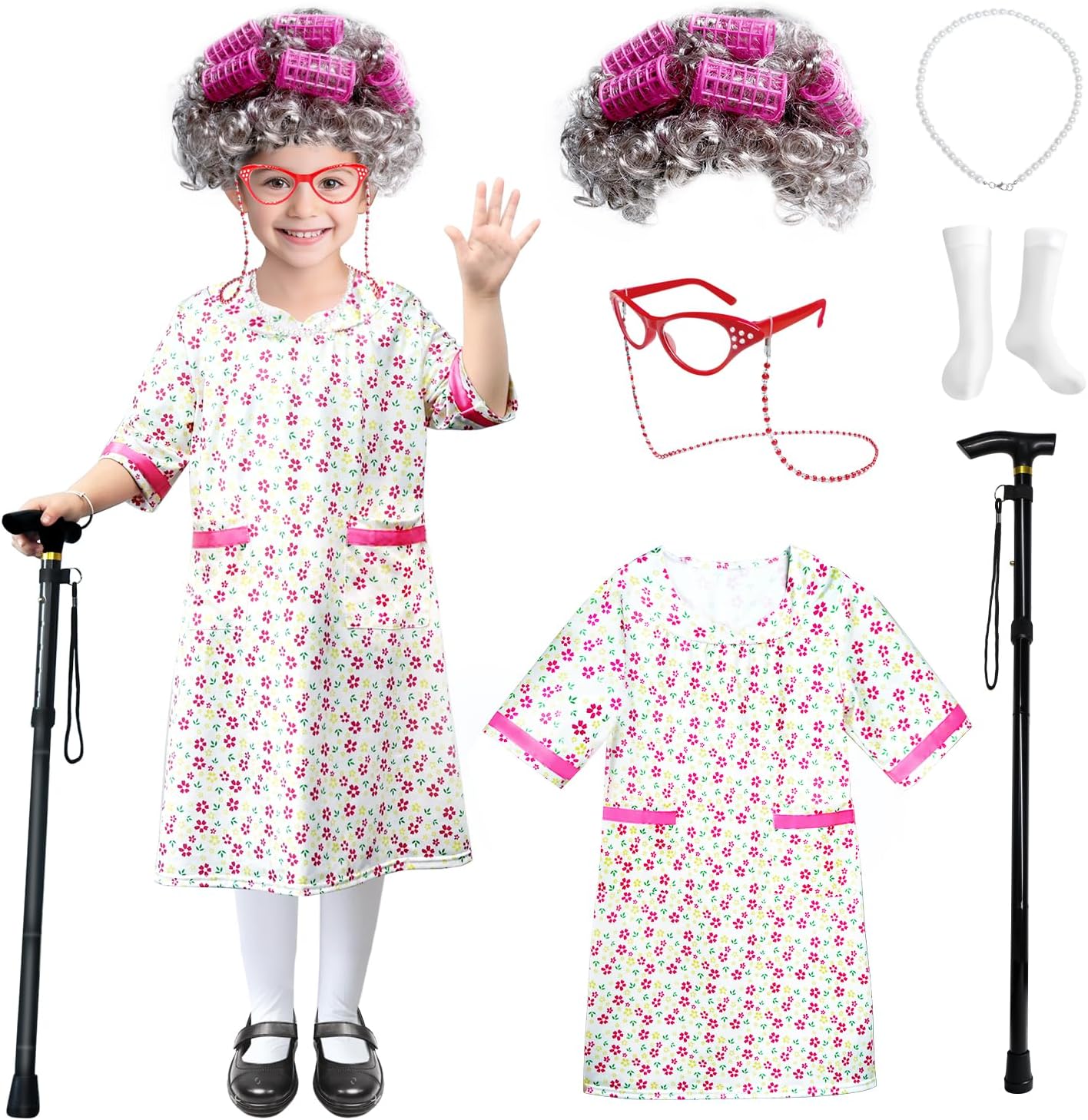 Kids 100 Days of School Costume - Old Lady Costume Dress with Granny Curly Wig Cane & Other Accessories for Girls Pink 8-9 Y