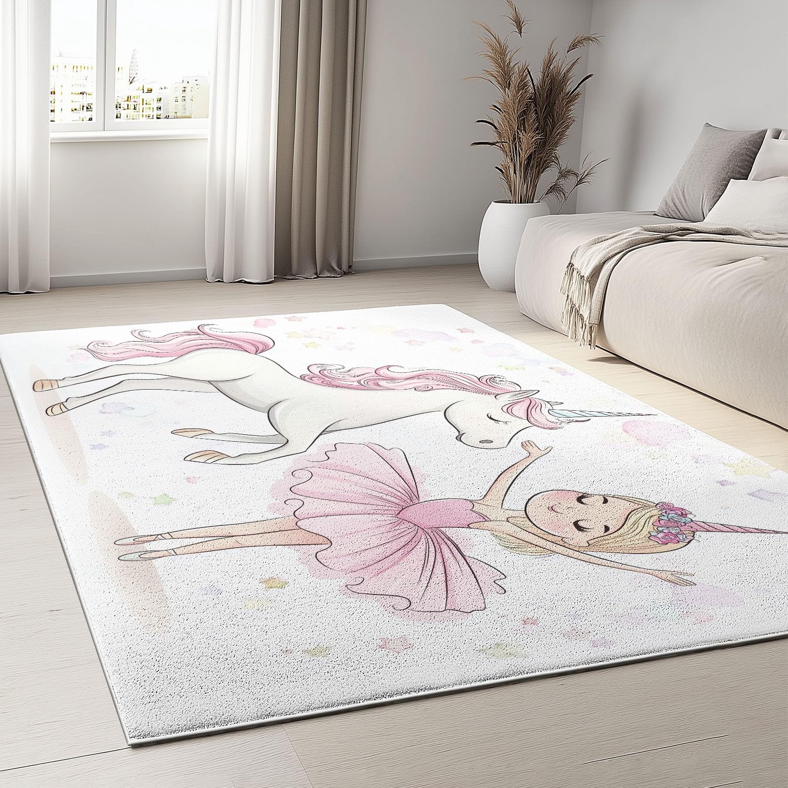 Générique Tapis pour Chambre 140x200 cm, Tapis Antidérapant Fille Dessin Animé Licorne Rose, Poils Courts Doux Lavable en Machine Blanc Tapis Décoration pour Salon, Cuisine, Entrée, Salle à Manger
