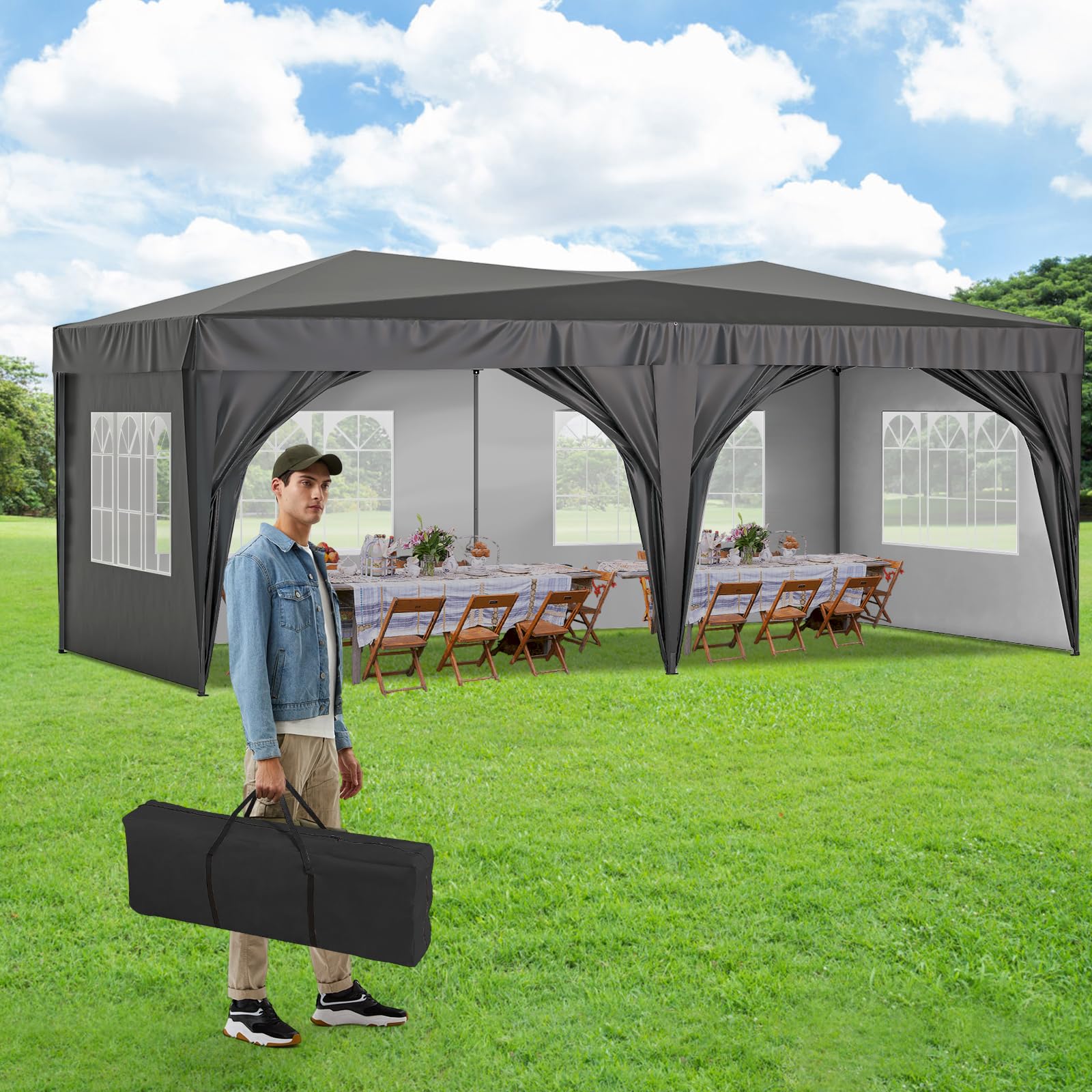 Yafylly 10x20 Pop Up Canopy with Sidewalls, Sun-Resistant Heavy Duty Outdoor Tent for Backyard Party, Black Portable Waterproof Wedding Tent
