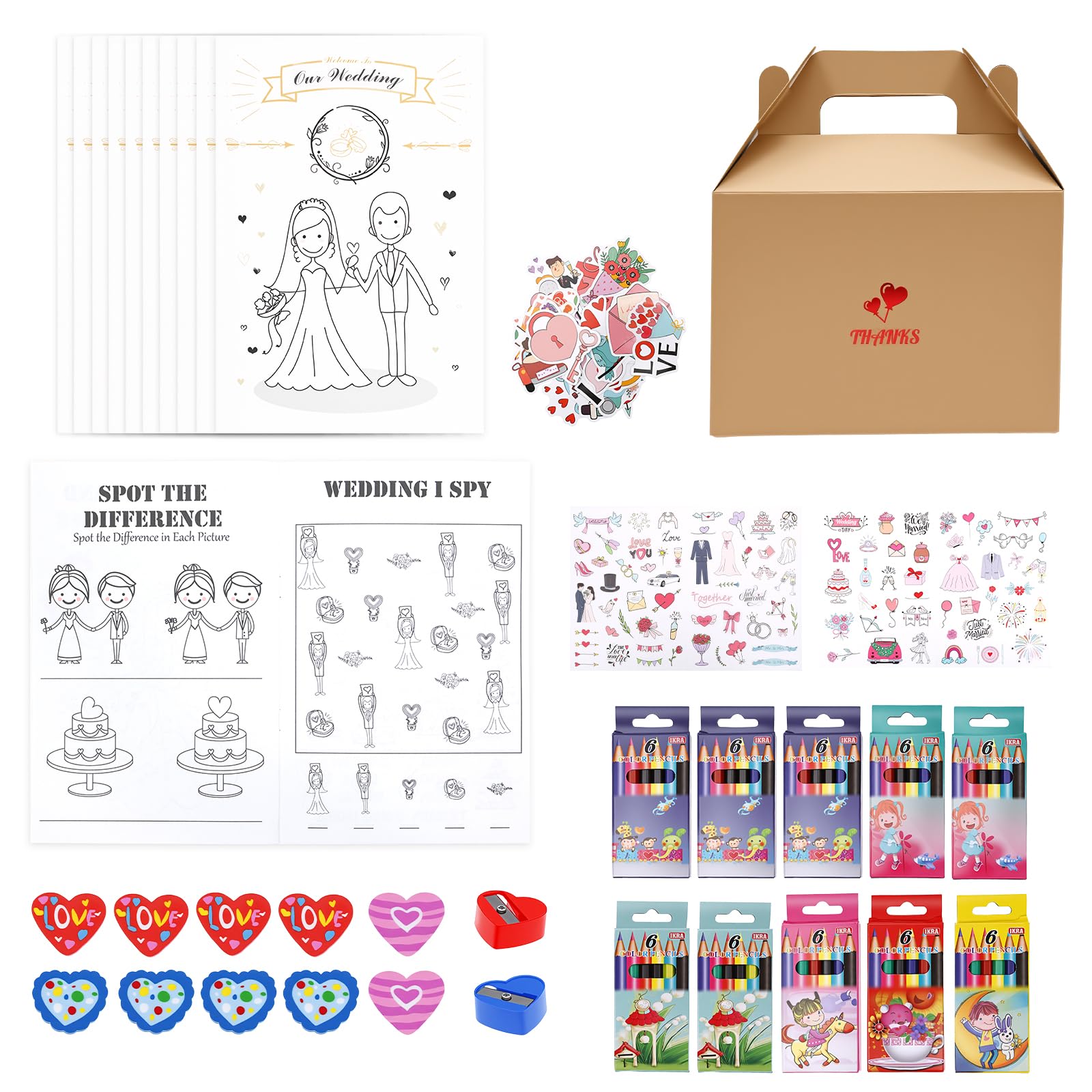 Eyoulife 10 Pack Kids Wedding Activity Packs with Gift Box, Children's Wedding Colouring Books, Crayons, Heart Erasers & Sharpeners, Keepsake Party Favours Table Games Set(English Version) โ image 1