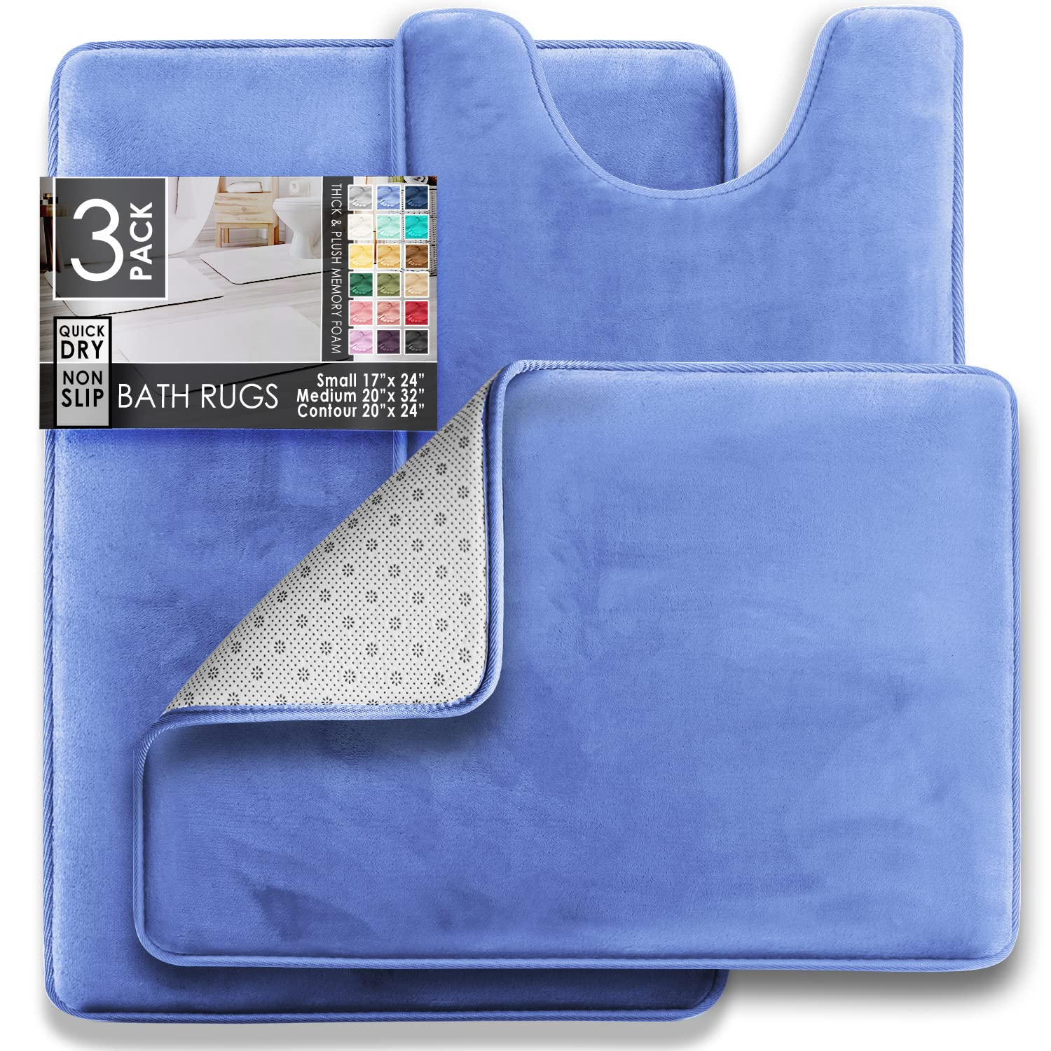 Clara Clark Lot de 3 Tapis de Bain en Mousse à mémoire de Forme Ultra Doux, antidérapants et absorbants – Petit/Grand/Grand/Contour, Bleu Calme