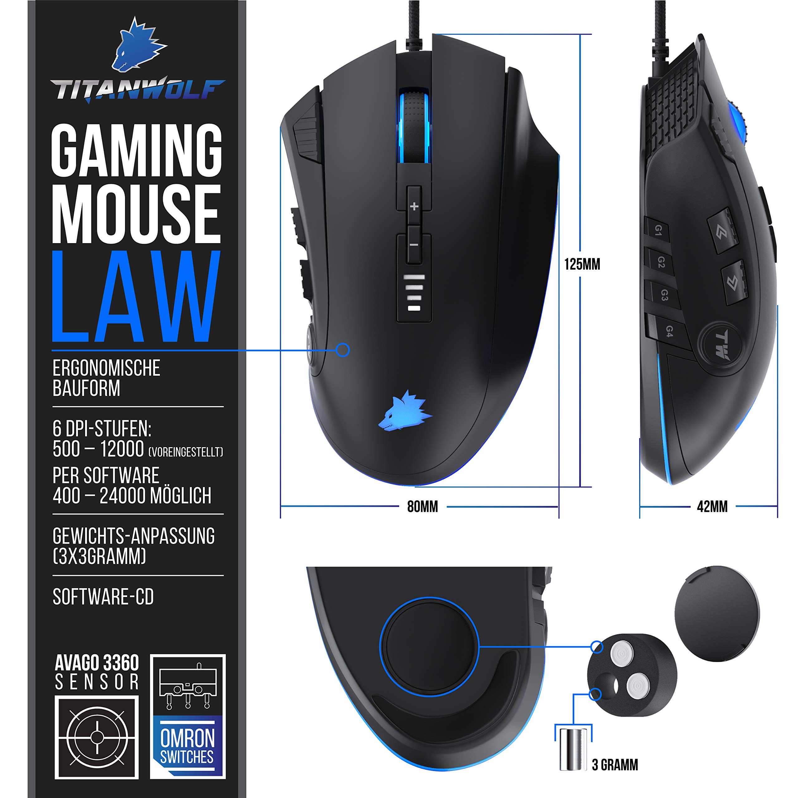 Titanwolf - Gaming Maus - Mouse mit 24.000 DPI Abtastrate - Sensor Avago 3360-12 Tasten - inkl. Software Makroprogrammierung - RGB mit Rainbow Backlight - Gewichtstuning - Polling-Rate bis 1000 Hz