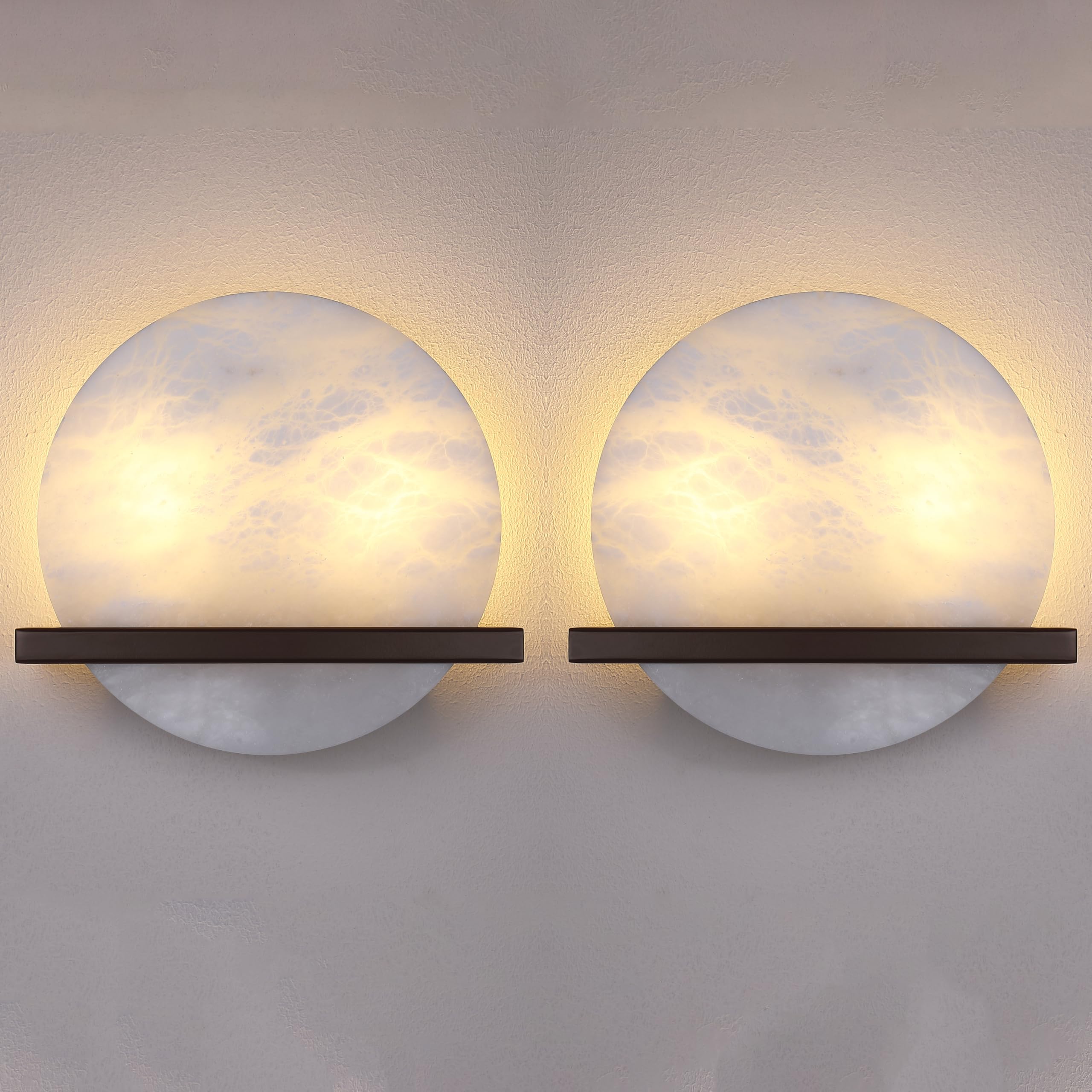 2 Pack 2 Light 10" Round Alabaster Bathroom Modern Oil Rubbed Bronze Wall Sconce