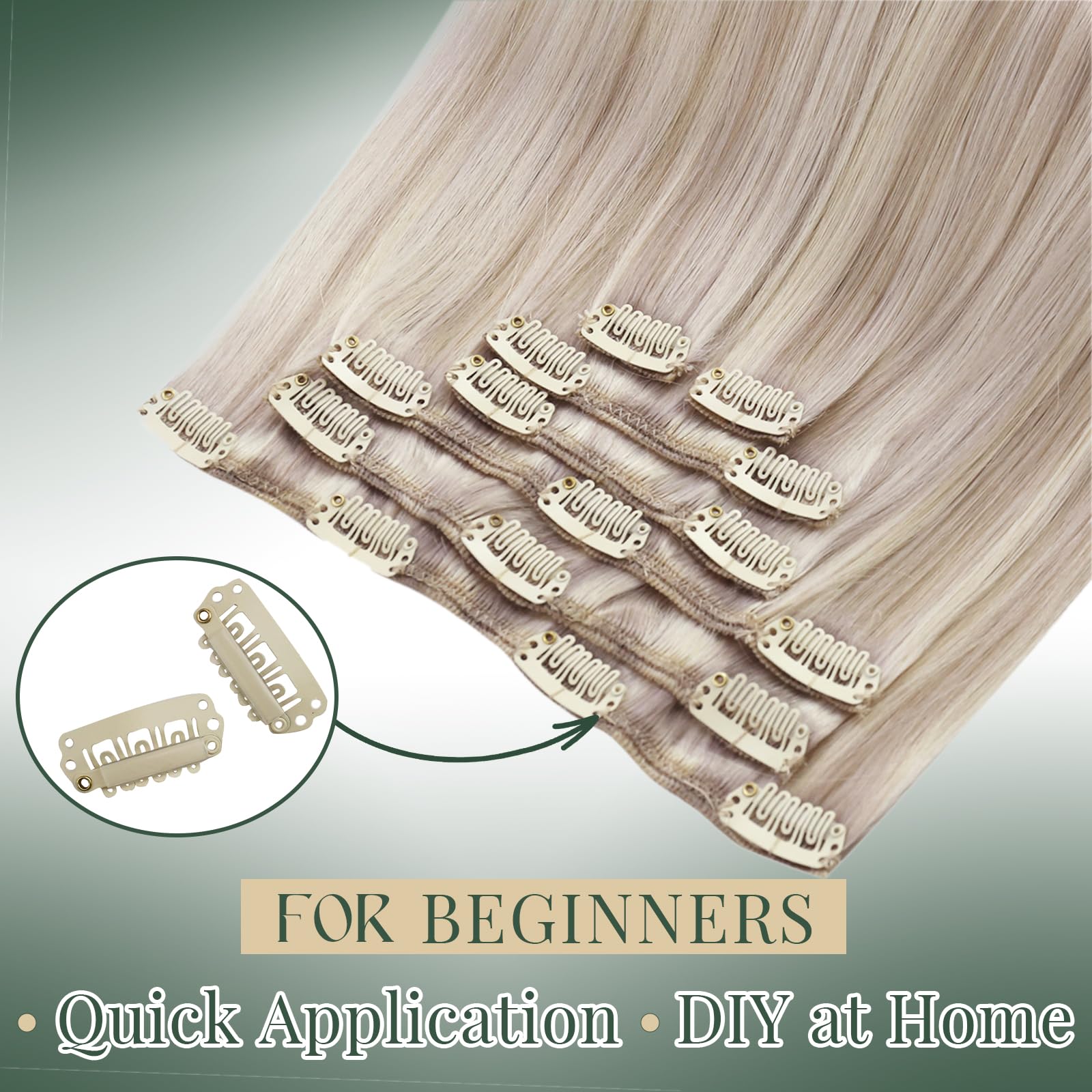 Ugeat Przedłużanie Włosów Clip in, Włosy Ludzkie, Pasemka Popielaty Blond, 50 cm 7 sztuk 120g, Włosy Clip in Extensions Popielaty Blond, Remy Naturalne Proste