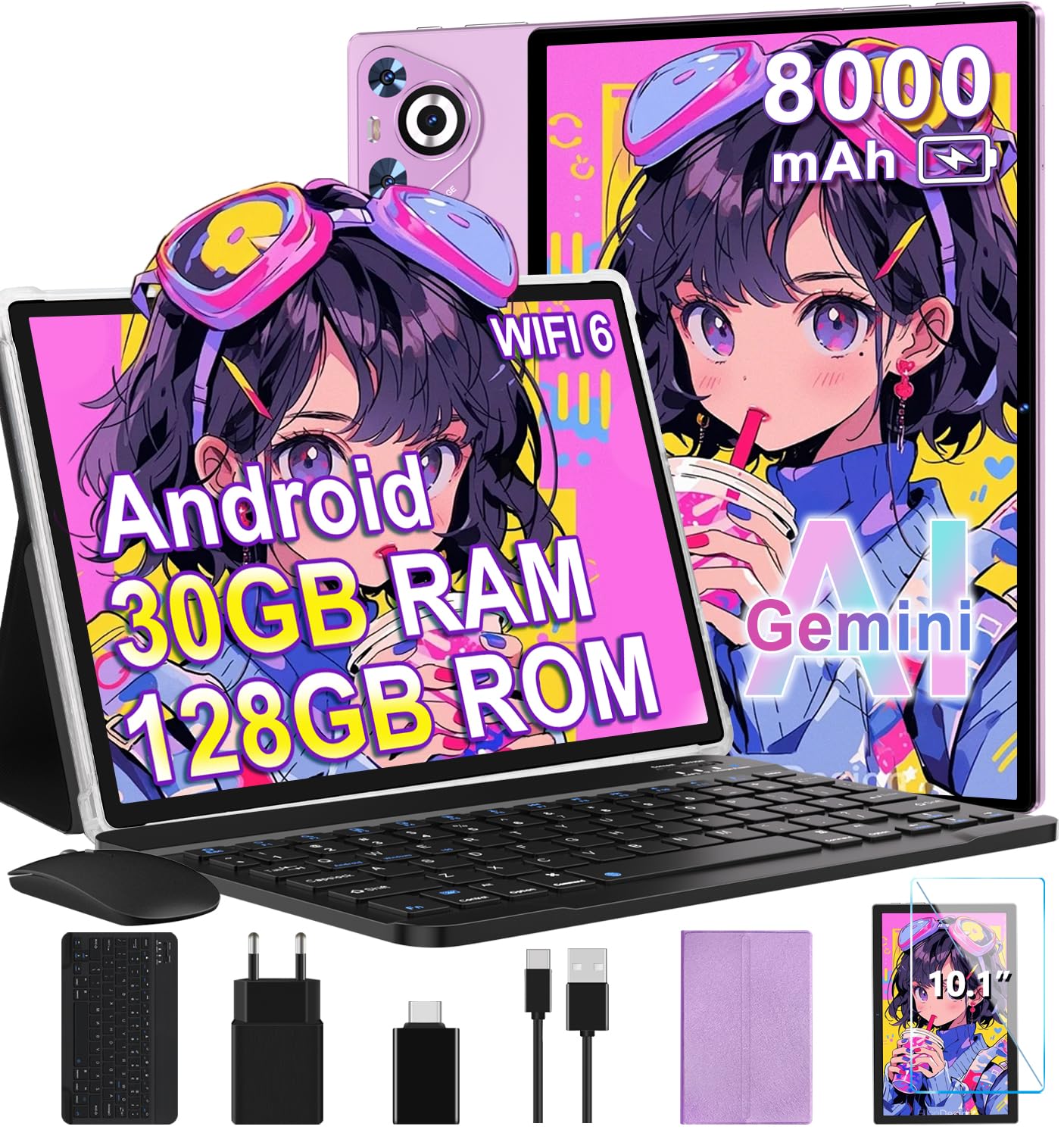 Tablet Android, 30GB RAM 128GB ROM(TF 2TB Espandibile), 10 Pollici, 8000mAh, WIFI 5G/ GPS/ BT5.0/ OTG, Face ID, Widevine L1, Tablets Corpo in Metallo con Tastiera, Mouse, Custodia Protettiva -Viola