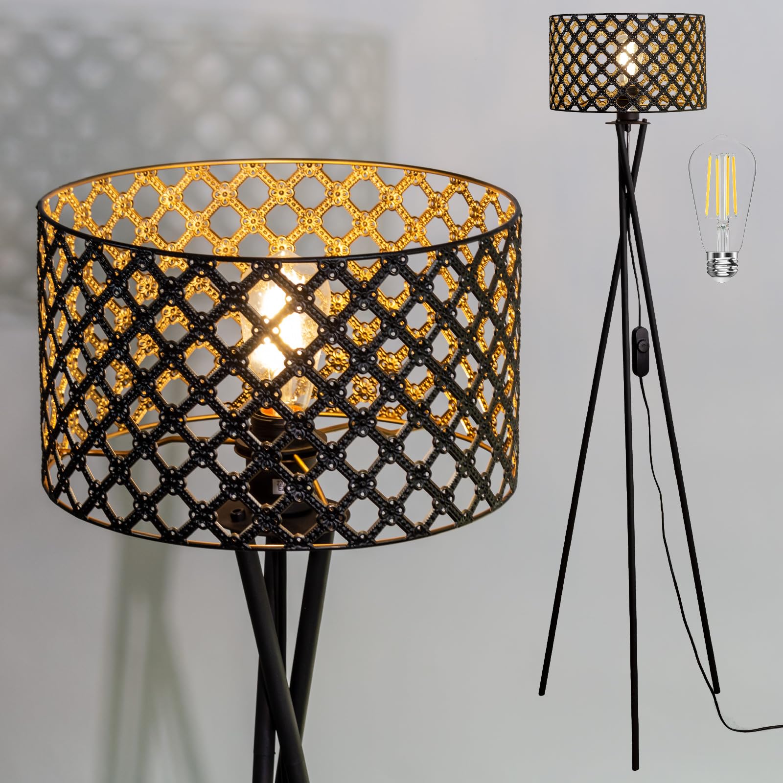 Osasy Dimmable Floor Lamps with Interchangeable Shades, Black Metal Teipod Stand, Dimmable Light Tall Standing Lamp for Bedroom, Office (D1 Metal Shade-Geometric Lattice BlackGold)