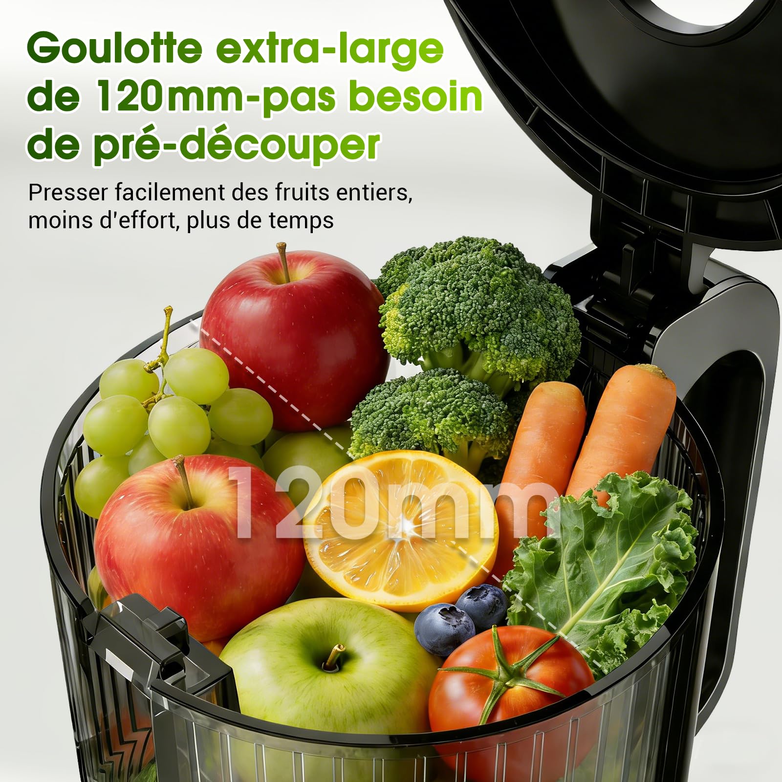 Extracteur de Jus de Fruits et Légumes Entiers, Extracteur Lent Goulotte XXL 120mm, sans BPA, 99% Rendement