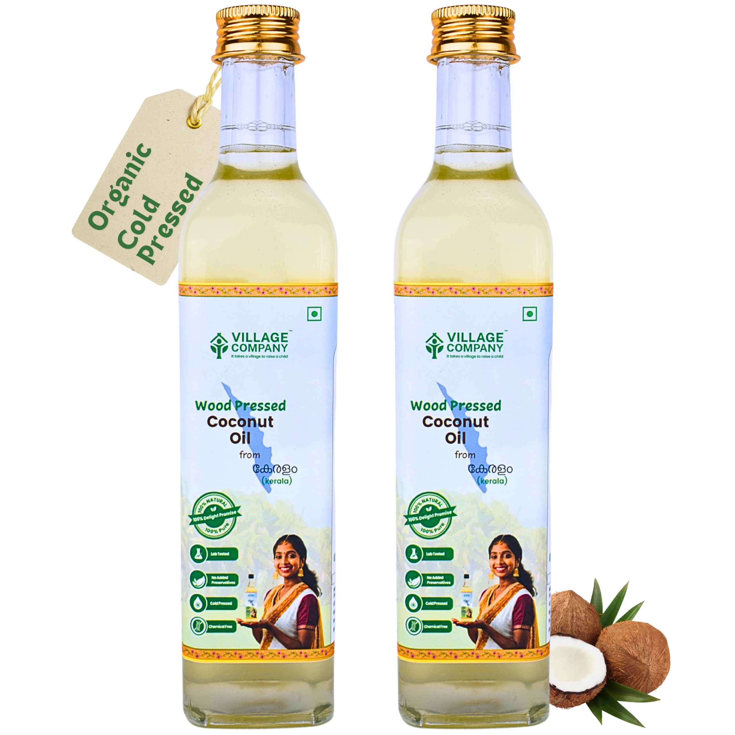 Village Company Extra Virgin Cold Pressed Coconut Oil 500ML Pack of 2 | Hair Skin Cooking Baby Massage | Organic Pure Edible Natural | Wood Press Kolhu Kacchi Ghani Chekku | Chemical-Free Glass Bottle (B0D3SWQVBX) Amazon Price History, Amazon Price Tracker