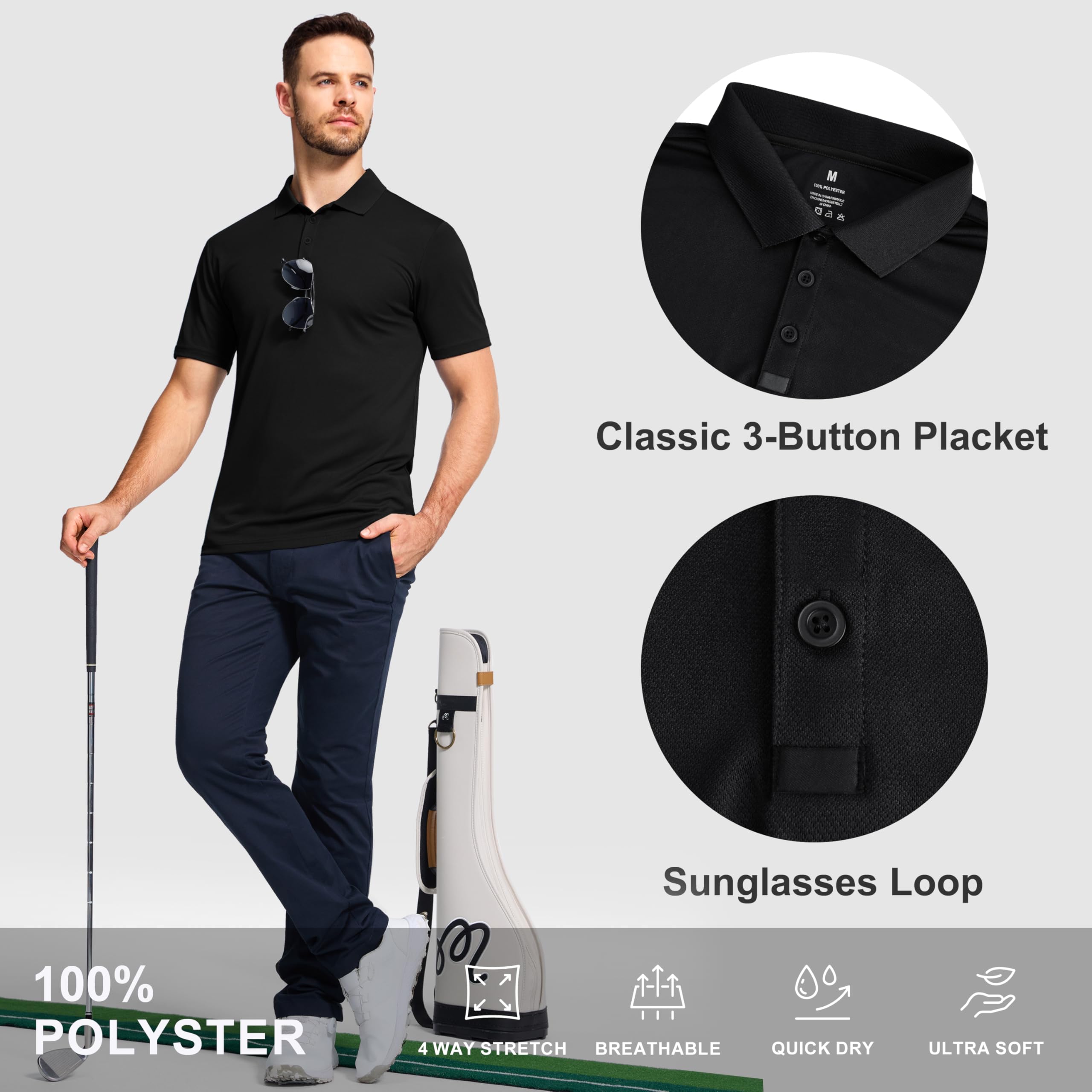 Herren Golf-Poloshirt, schnelltrocknend, trockene Passform, feuchtigkeitsableitend, Performance, Sommer, sportlich, lässig, kurzärmelig, 3 Stück