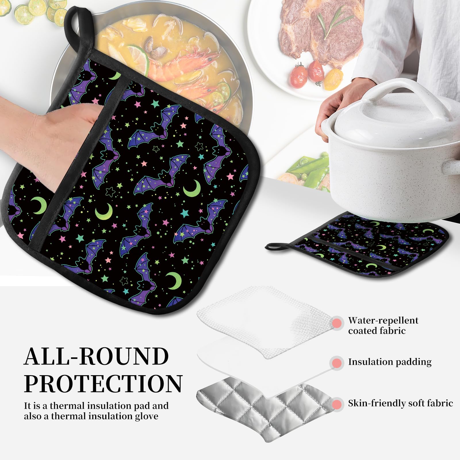 JYCardPKT Pot Holders for Kitchen, Heat Resistance Hot Pads, Cute Potholder with Pocket for Kitchen Cooking Baking 2 Packs, Purple Bats
