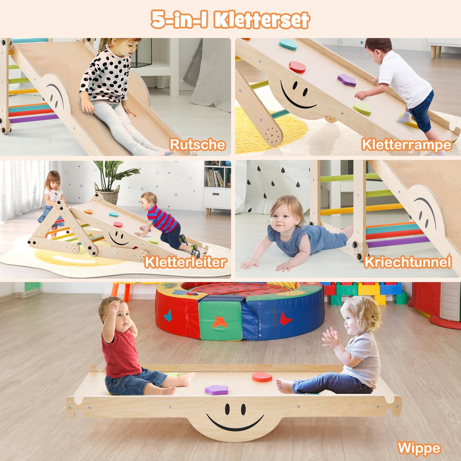 COSTWAY Klettergerüst Indoor, Kletterdreieck mit Rutsche, DIY Kletterleiter, Indoor Spielplatz umwandelbar, multifunktionaler Indoor Spielplatz für Kinder ab 3 Jahren (Bunt)