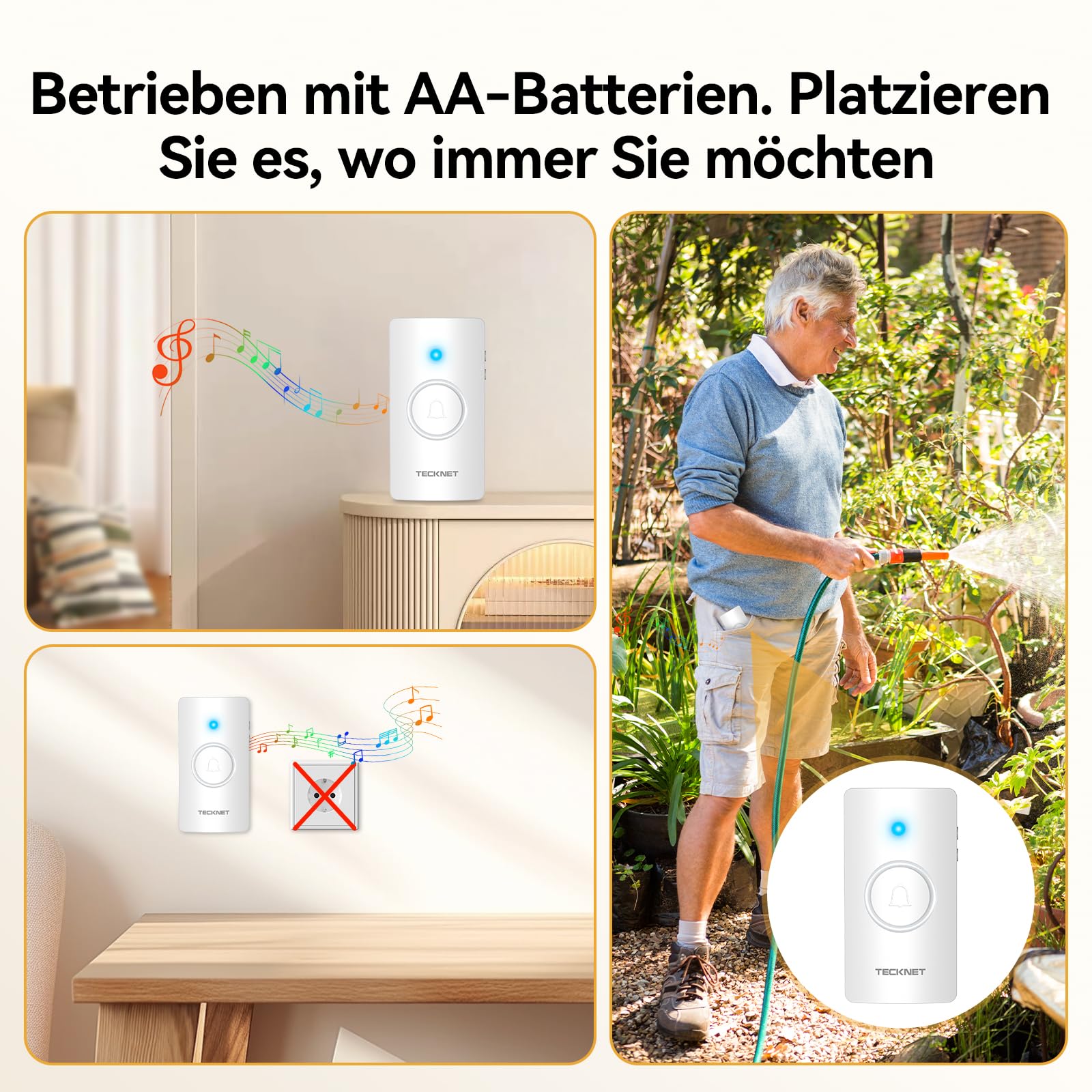 TECKNET Funkklingel, Funkklingel aussen wasserdicht IP65, Funk Klingel Kabellos 400m, Klingel Funk mit 60 Klingeltöne, Türklingel 2 Sender & 1 Empfänger batteriebetrieben, LED-Anzeigeleuchten,Weiß