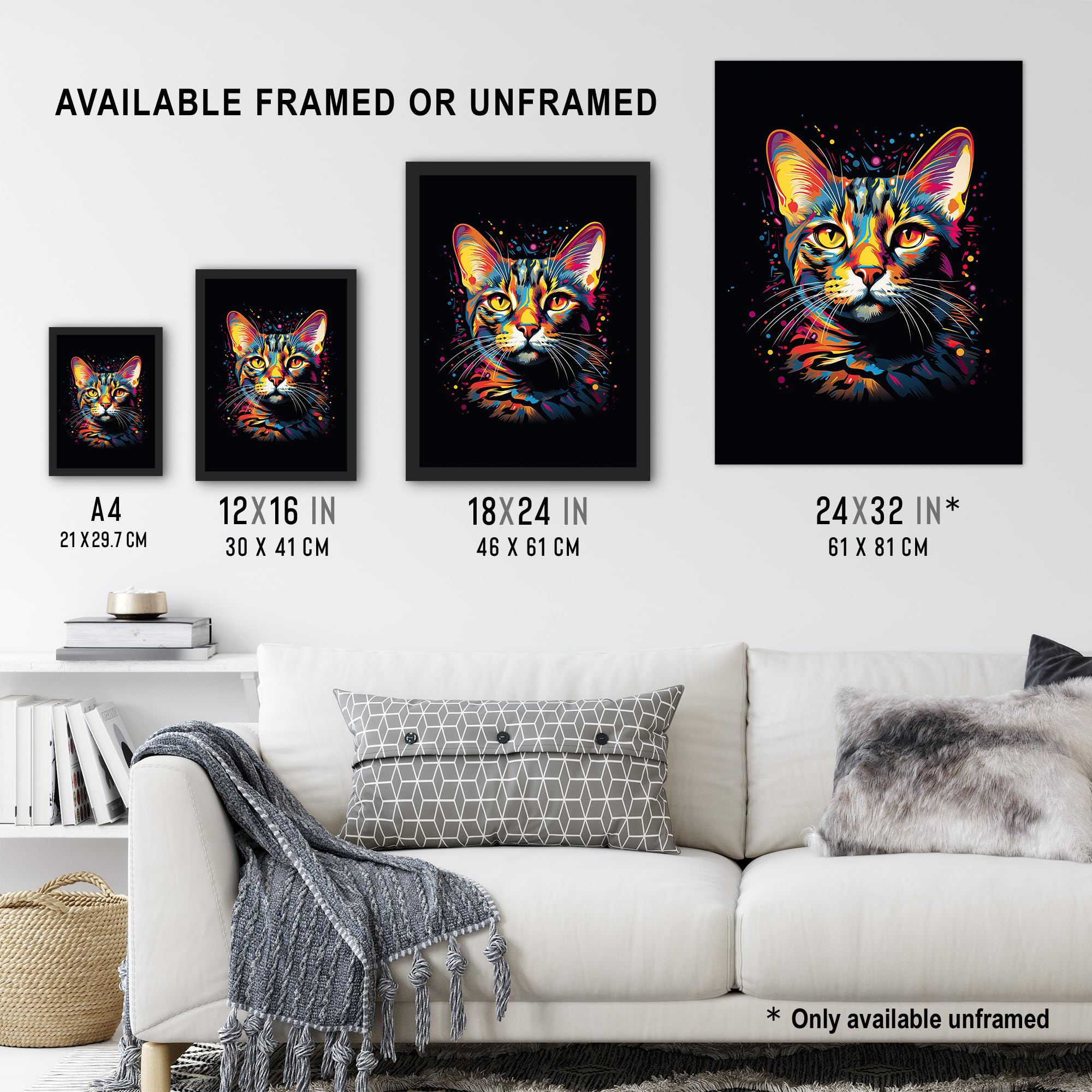 Artery8 Bengal Cat Lover Gift Pet Portrait Orange Purple Blue on Black Artwork Painting Extra Large XL Wall Art Poster Print - Image 3