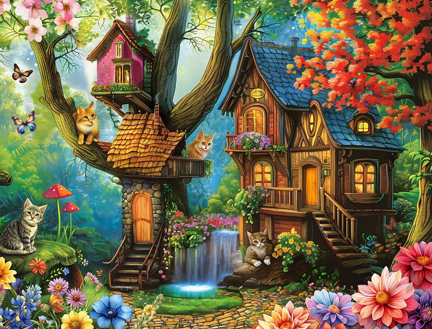 Majestic Value Brand 500 Piece Adult Puzzle of Cats Lounging Outdoors Near a Treehouse