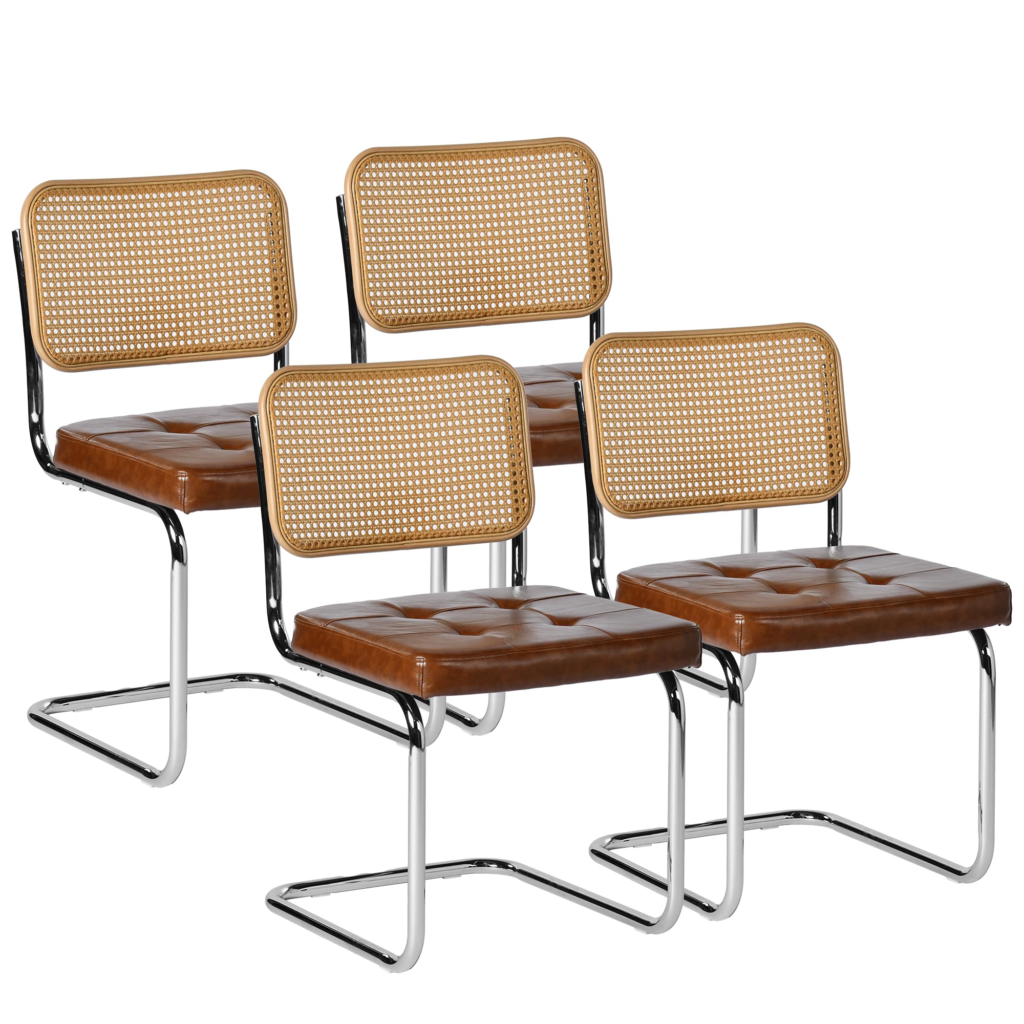 EGGREE 4er-Pack Rattan-Esszimmerstühle mit PU-Kissen und Galvanisierten Eisenbeinen für Konferenzräume, Büros, Esszimmer, R04-Braun