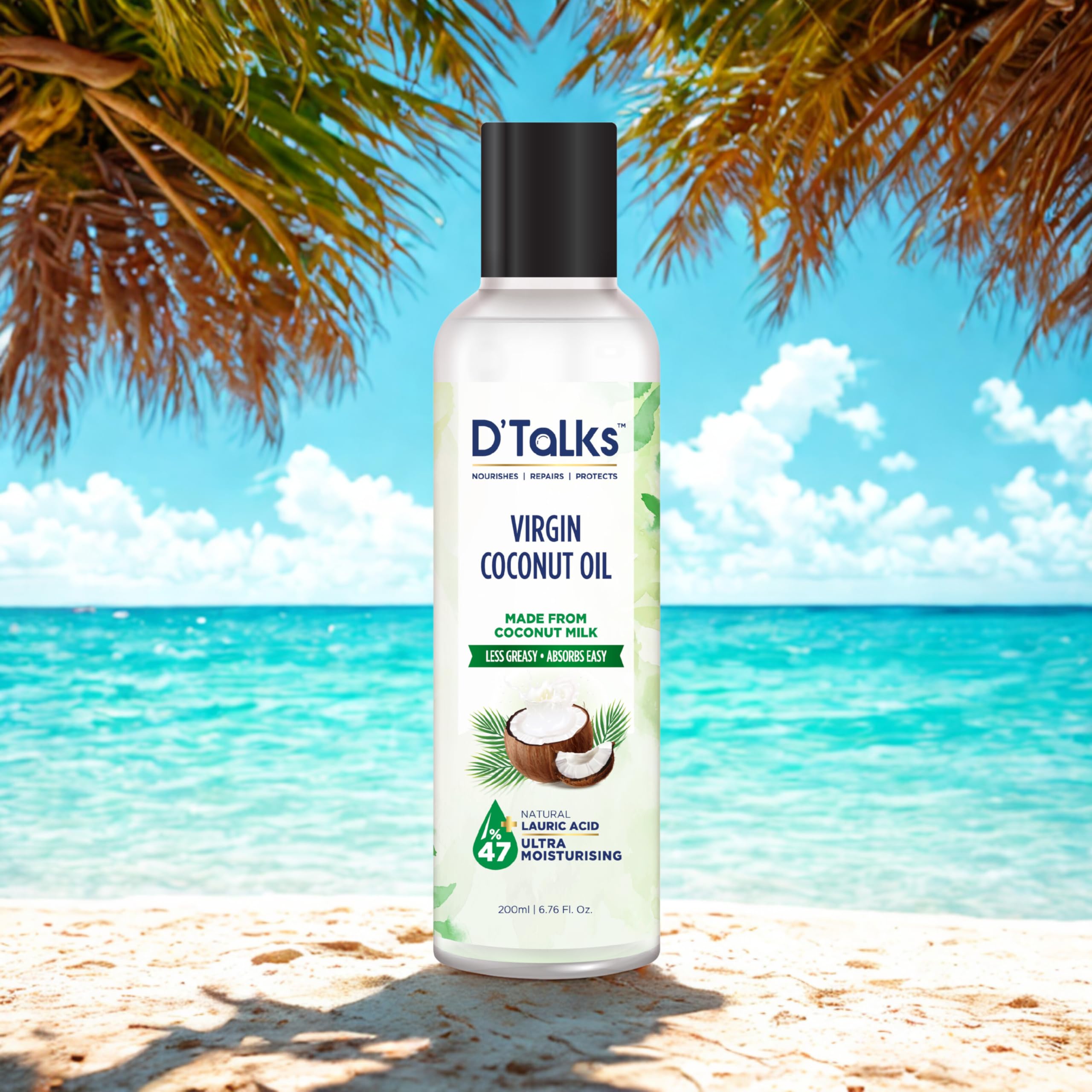 D'Talks Virgin Coconut Oil | Extracted from Coconut Milk | Less Greasy ; Absorbs Easy | Food, Skin & Hair application | Cold Pressed | 100% Pure & Natural | 200ml | - Image 2 thumbnail