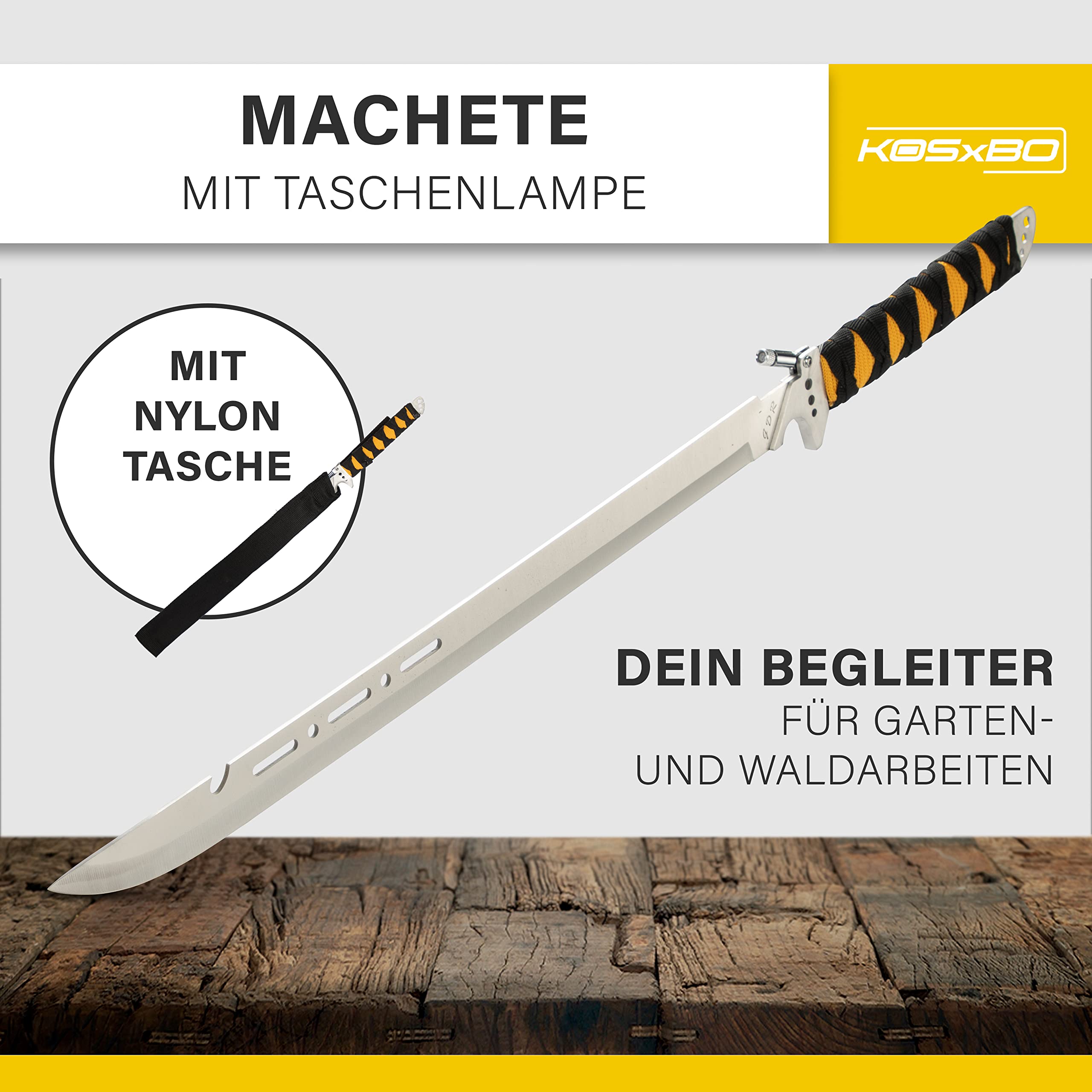 Große Machete echt Scharf Full Tang Klinge mit LED Lampe und Nylonholster. Gesamtlänge 70 cm 420er Edelstahlklinge riesiges Buschmesser als Outdoor Messer Survival für Camping und Jagd