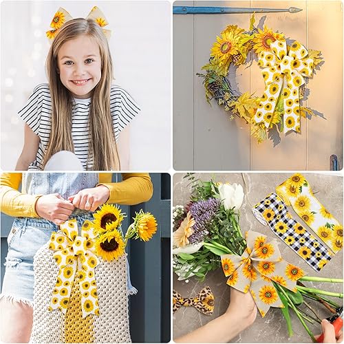 Miniatura 6 de Whaline Cinta de girasol con borde con alambre de 30 yardas cinta de patrón de flores de verano de 5 rollos de tela de primavera y verano cinta