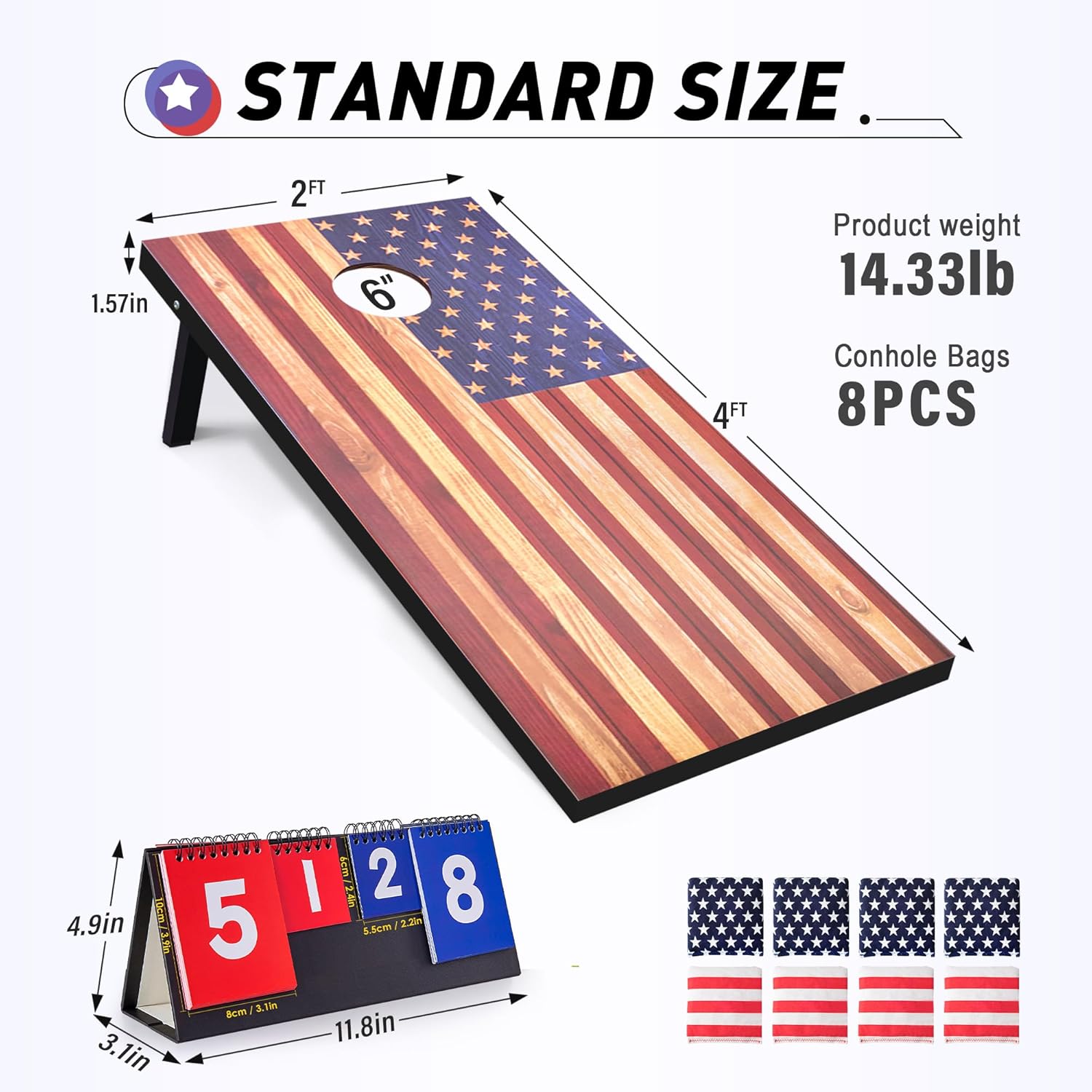 4x2 ft cornhole boards set, premium regulation size cornhole boards with 8 all-weather bean bags, carrying case and scoreboard 4'x2' american flag