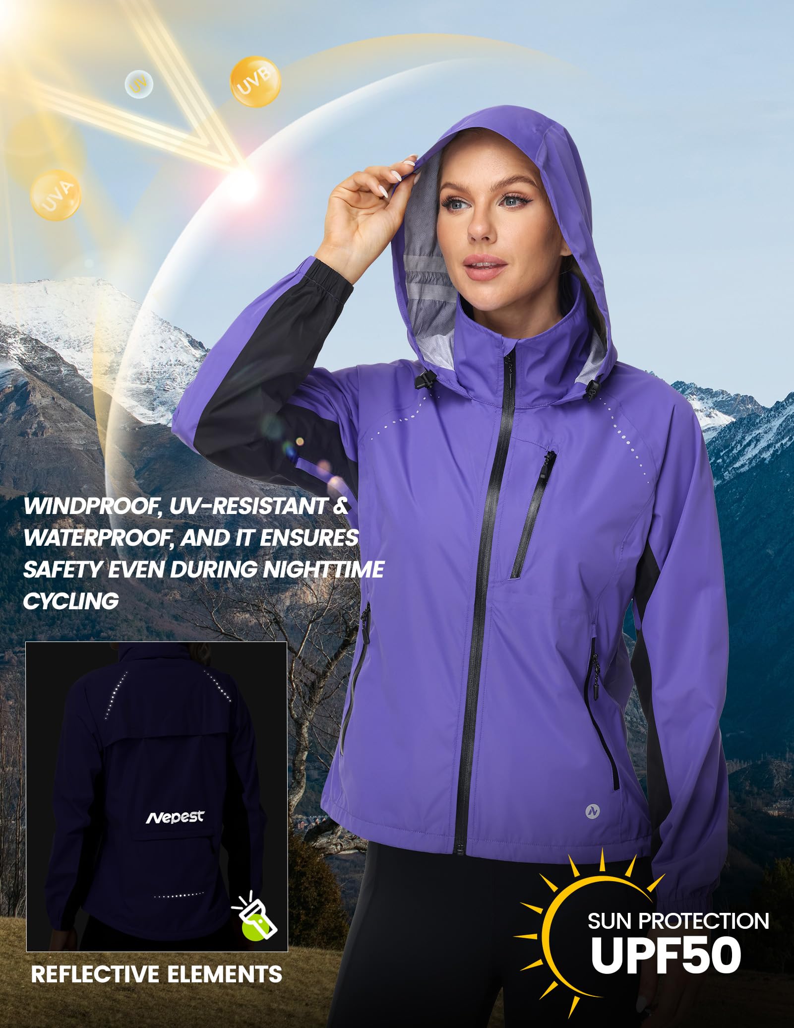 Nepest Veste de pluie de vélo pour femme - Veste de pluie pour femme - Ultra légère - Course à pied - 6 poches - UPF 50+ - Pliable - Respirant