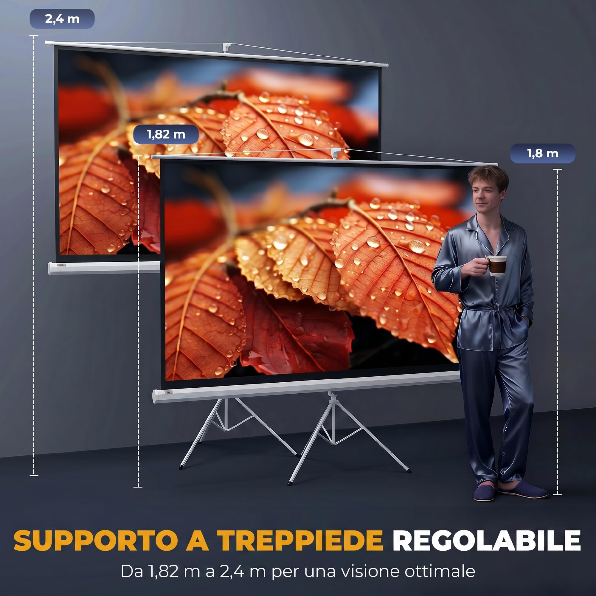 HOMCOM Telo Proiettore da 84 Pollici 4K HD Formato 16:9 con Treppiede Pieghevole e Altezza Regolabile, Schermo Proiettore Portatile, Grandangolo di 160 Gradi, per Casa, Home, Cinema, Esterno, Bianco