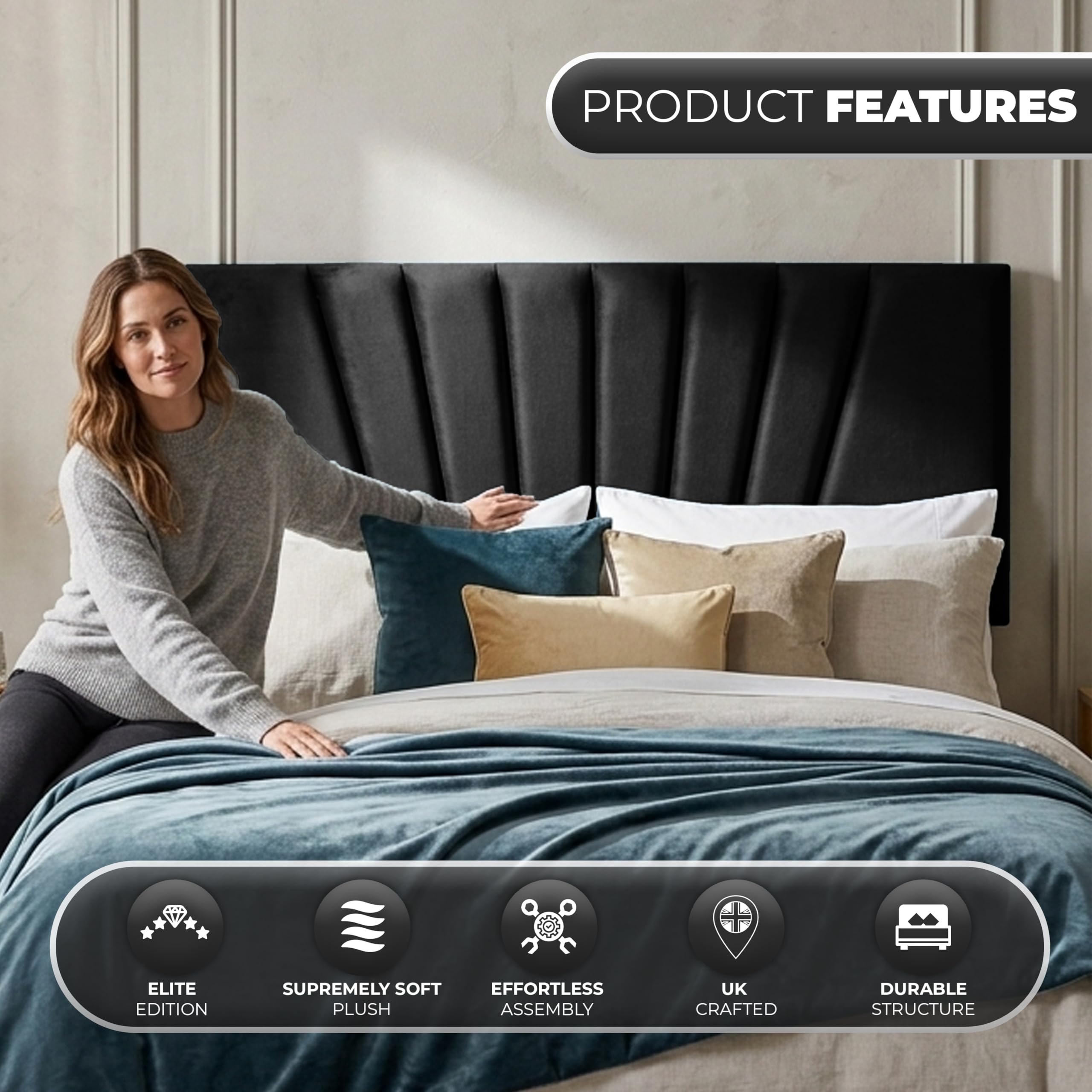 BEDELUNA Headboards for Bed, 24” Sunrise Plush Fabric Headboard, Elegant Divan Bed Thick Padding Bed Headboards - Image 2