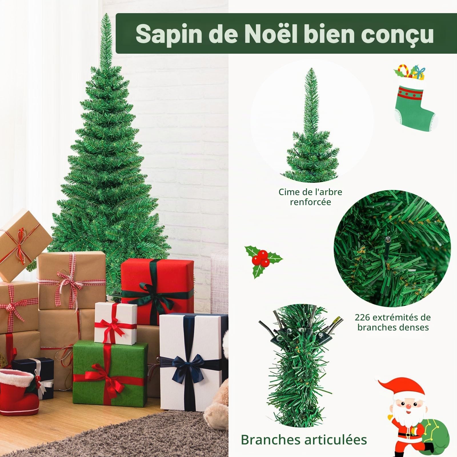LIFEZEAL Sapin de Noël Artificiel avec Lumières LED Blanc Chaud | Sapin de Noël à Aiguilles PVC Vert avec Système de Pliage et Support Métallique, 195 cm