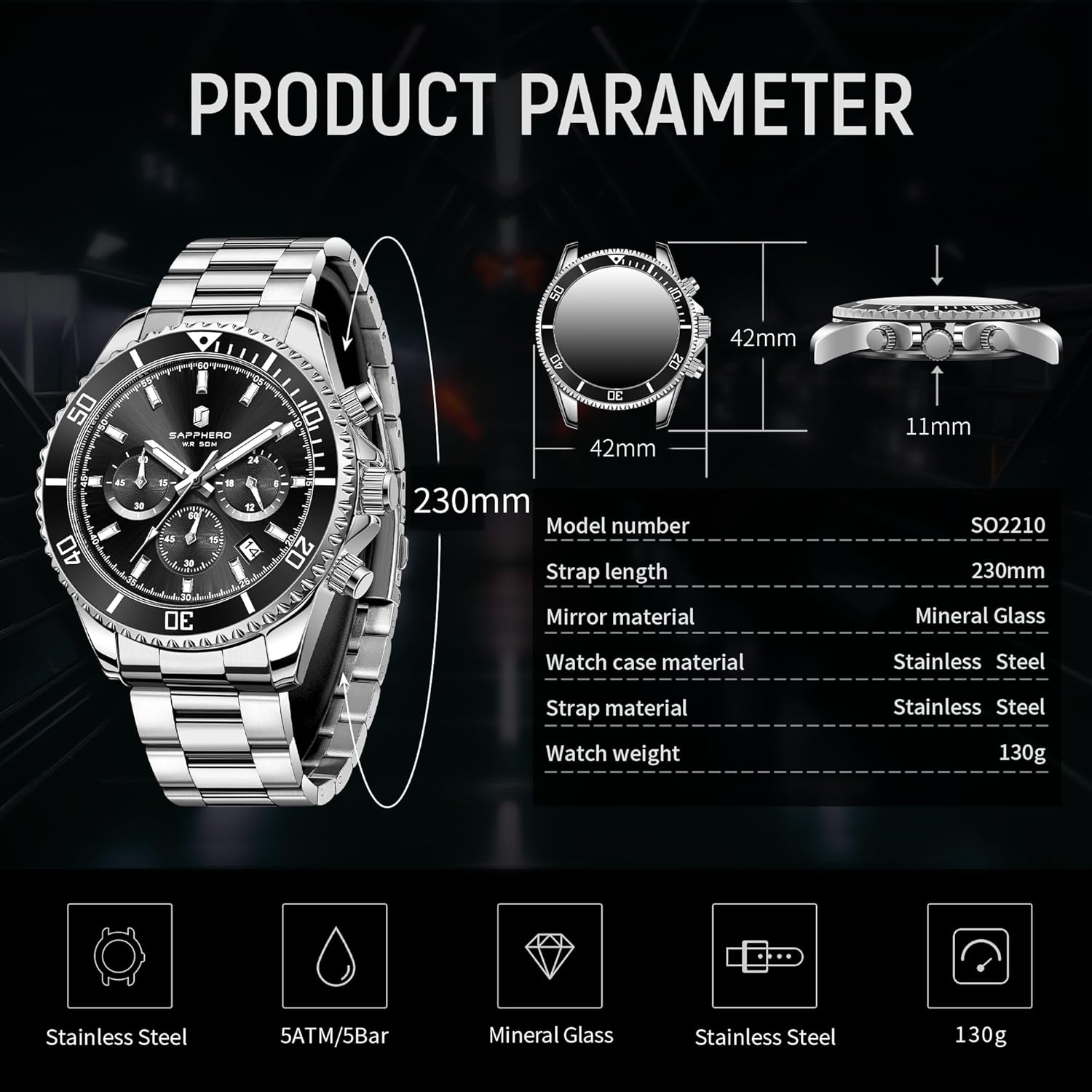 SAPPHERO Mens Watches Analog Quartz Chronograph Stainless Steel Watches for Men 50M Waterproof Men's Wrist Watches with Calendar Luxury Business Work Casual Watch Elegant Gifts for Men - Image 5