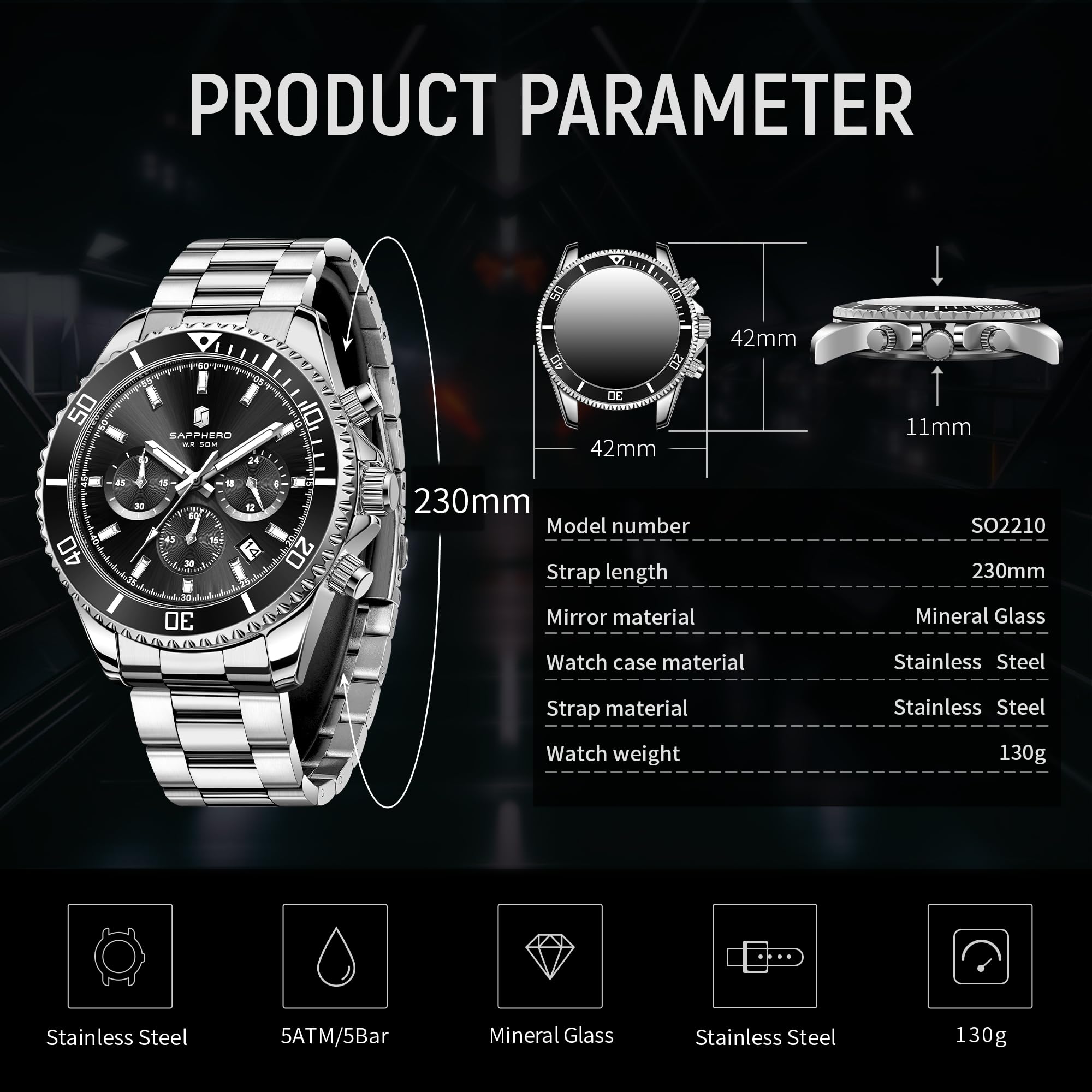 SAPPHERO Montre Homme en Acier Inoxydable Chronographe 50M Etanche Montres Analogique Quartz Date Classique Luxe Mode Montres Cadeau Élégant pour Hommes
