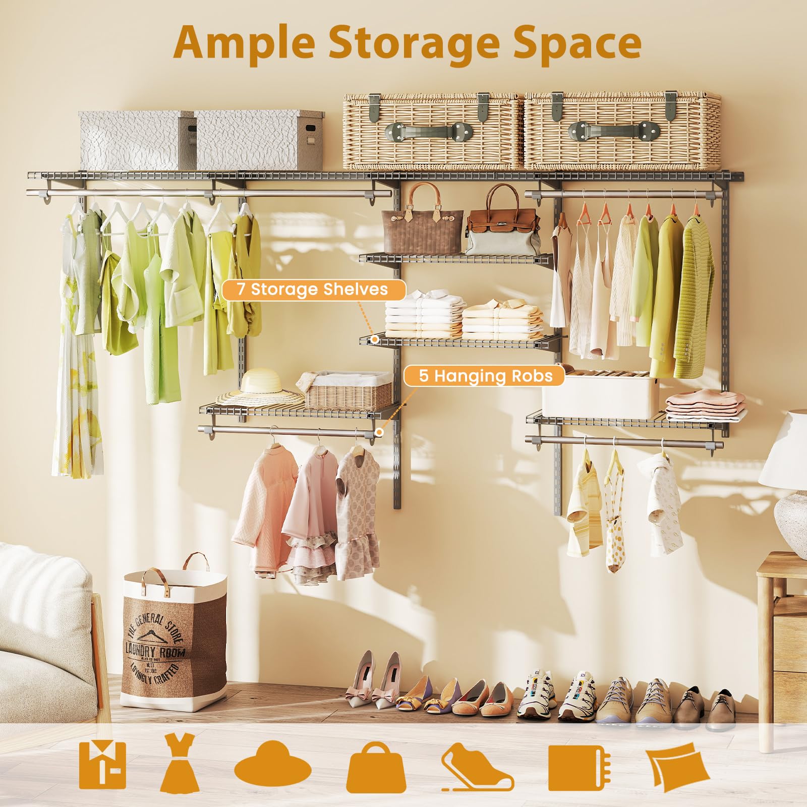 GIANTEX Système organisateur d'armoires à fil, kit d'armoire mural personnalisé avec étagères de rangement réglables, porte-bagages avec tiges, parfait pour manteaux, blanc/gris (gris)