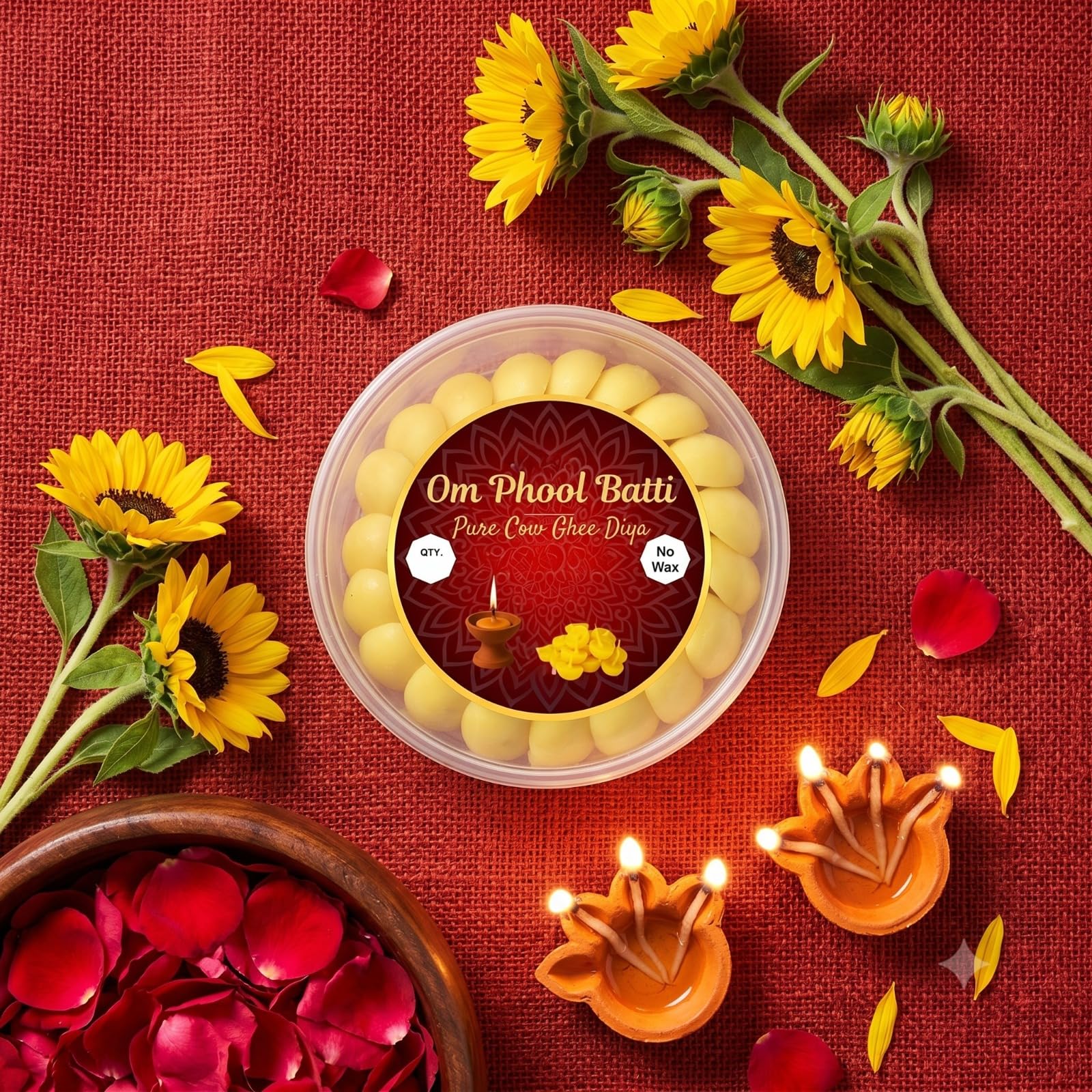 Om Phool Batti Pure Cow Ghee Diya Batti for Puja - Wax Free Vegan Cotton Wicks for Temple Aarti, Festivals & Daily Worship, Long Burning - 100 Pcs.-image-3