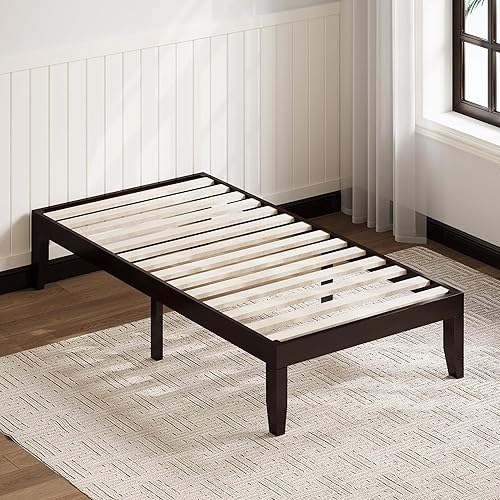 Miniatura 4 de KOMFOTT Base de cama de plataforma de madera de 14 pulgadas, tamaño individual, base de colchón de madera con marco de madera de goma, fuerte