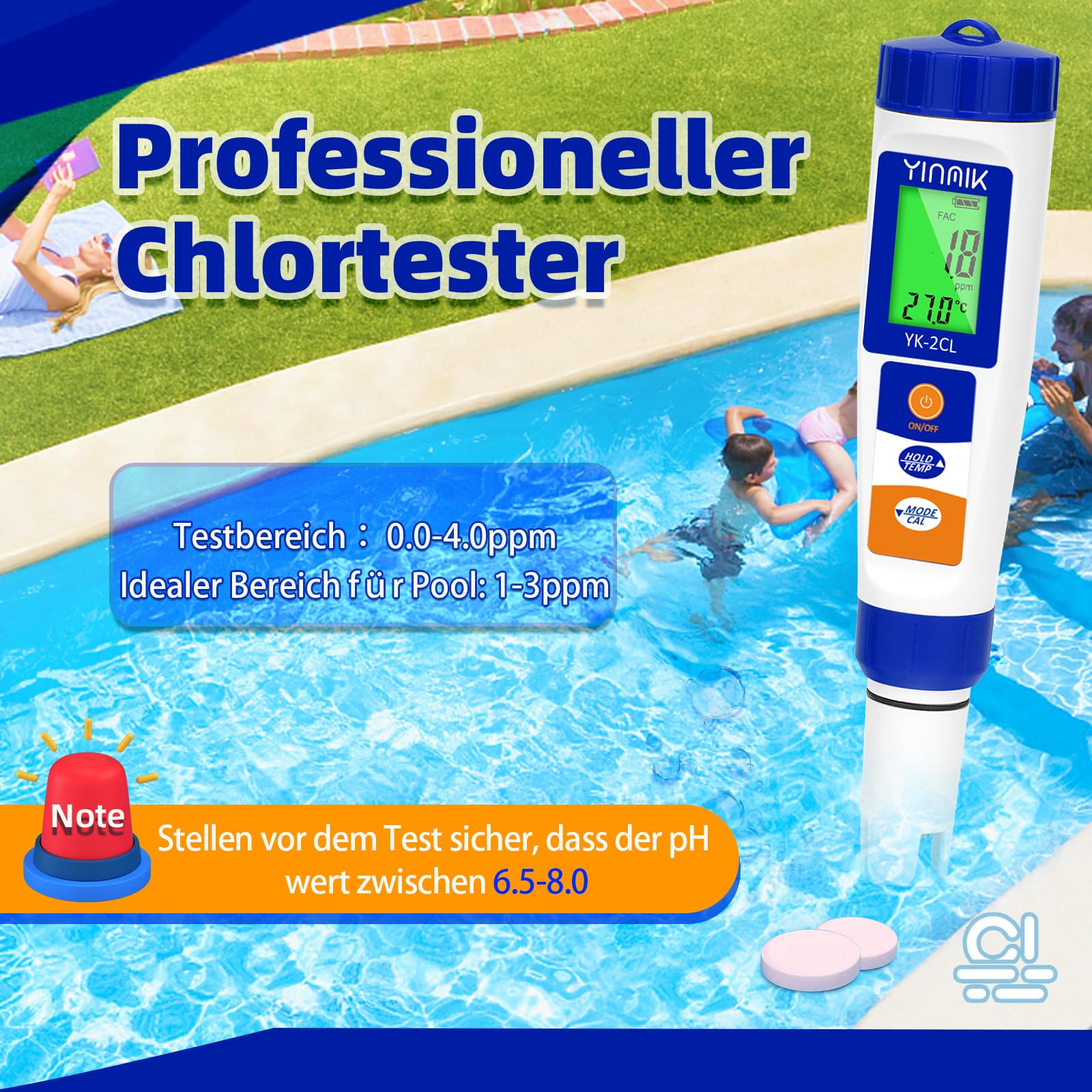7 in 1 pH Messgerät Wasser, Pool Chlor Messgerät, Digitales pH Salzgehalt Messgerät, pH Leitfähigkeit Messgerät für Hydrokultur, YINMIK pH Chlor Salz EC TDS ORP Temp Messgerät für Aquarium Trinkwasser