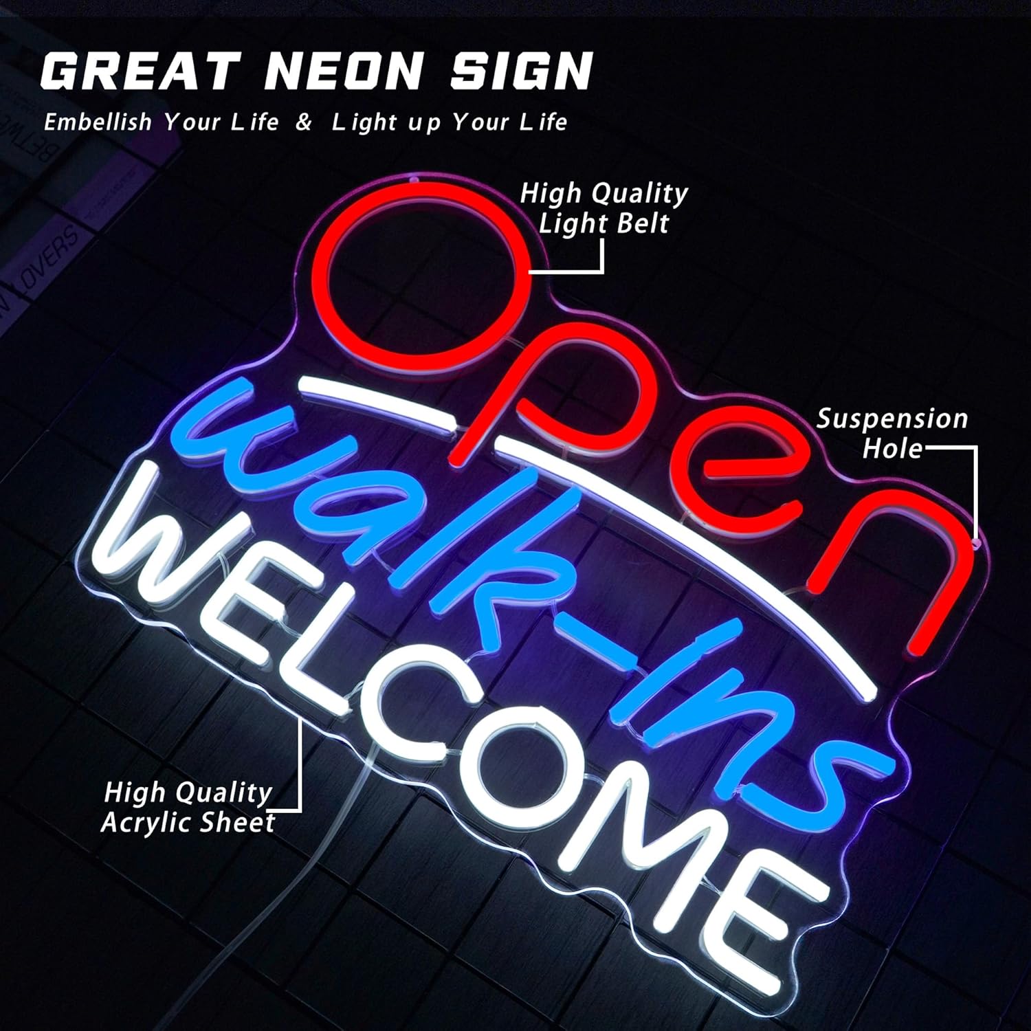 Welcome Walk-ins Neon Sign - Open for Business LED Light Dimmable Usb Powered Large Neon Light for Wall Decor 15.1 * 11.1 inch Attractive Shop Signage for Restaurants, Bars, Salons