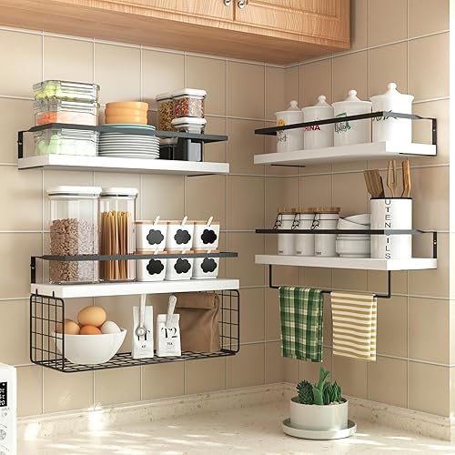 Miniatura 4 de Estantes flotantes de madera blanca montados en la pared, estantes rústicos de pared de baño de 3+1 niveles sobre el inodoro con cesta de