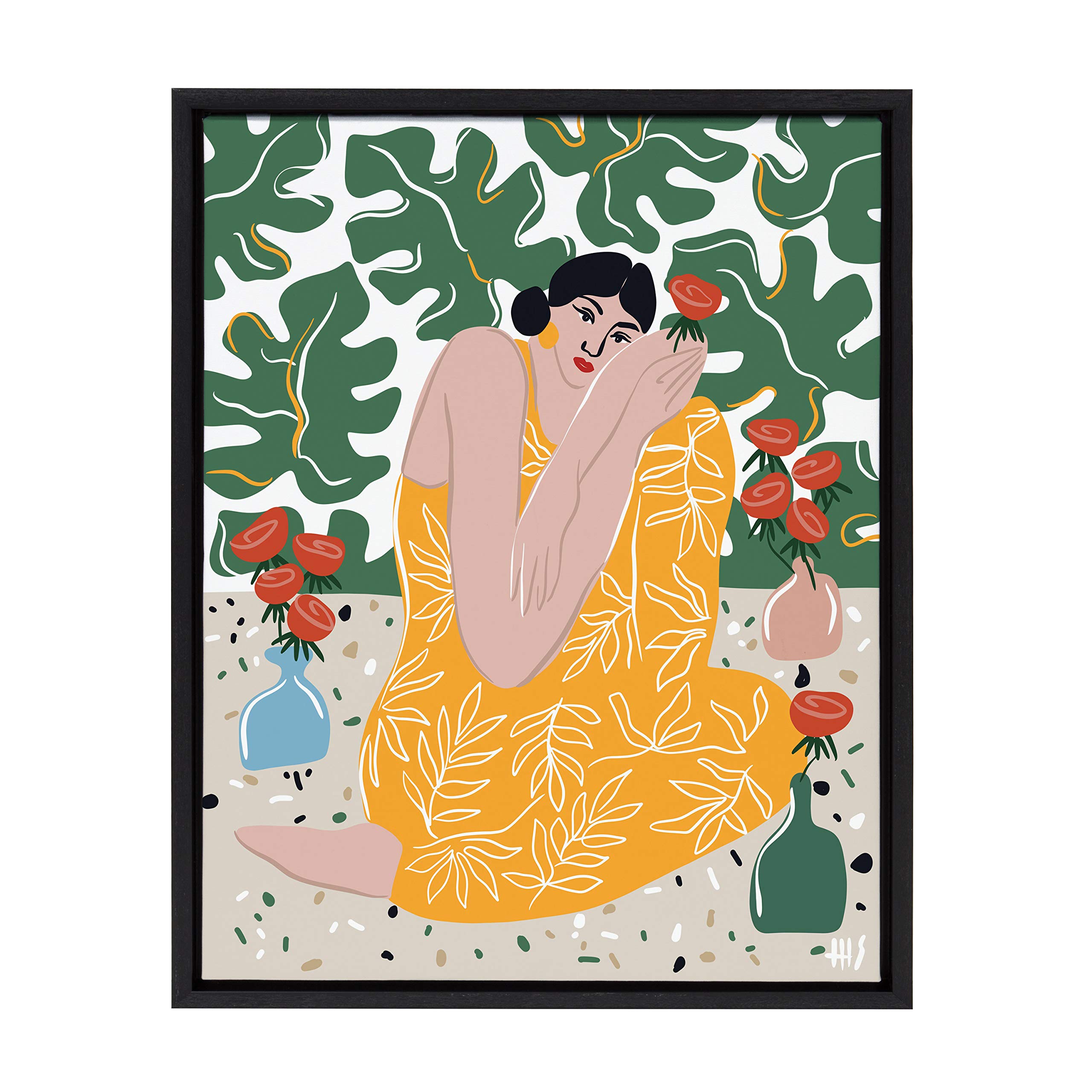 Kate and Laurel Sylvie Monstera and Roses Framed Canvas by Maggie Stephenson, 18x24, Black